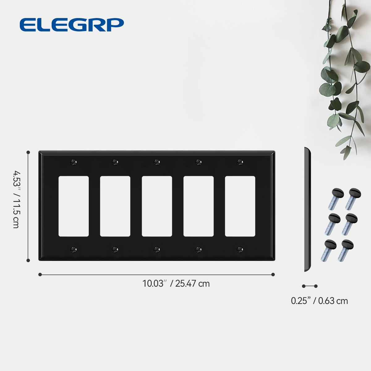 ELEGRP 5-Gang Decorative Wall Plates, Standard Size 4.52" H x 10.03" L Unbreakable Thermoplastic Faceplate Cover for Decorator Receptacle Outlet Switch, UL Listed (1 Pack, Glossy Black)