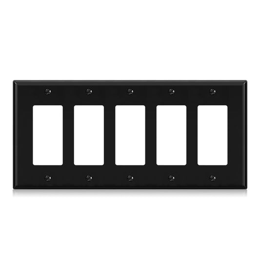 ELEGRP 5-Gang Decorative Wall Plates, Standard Size 4.52" H x 10.03" L Unbreakable Thermoplastic Faceplate Cover for Decorator Receptacle Outlet Switch, UL Listed (1 Pack, Glossy Black)