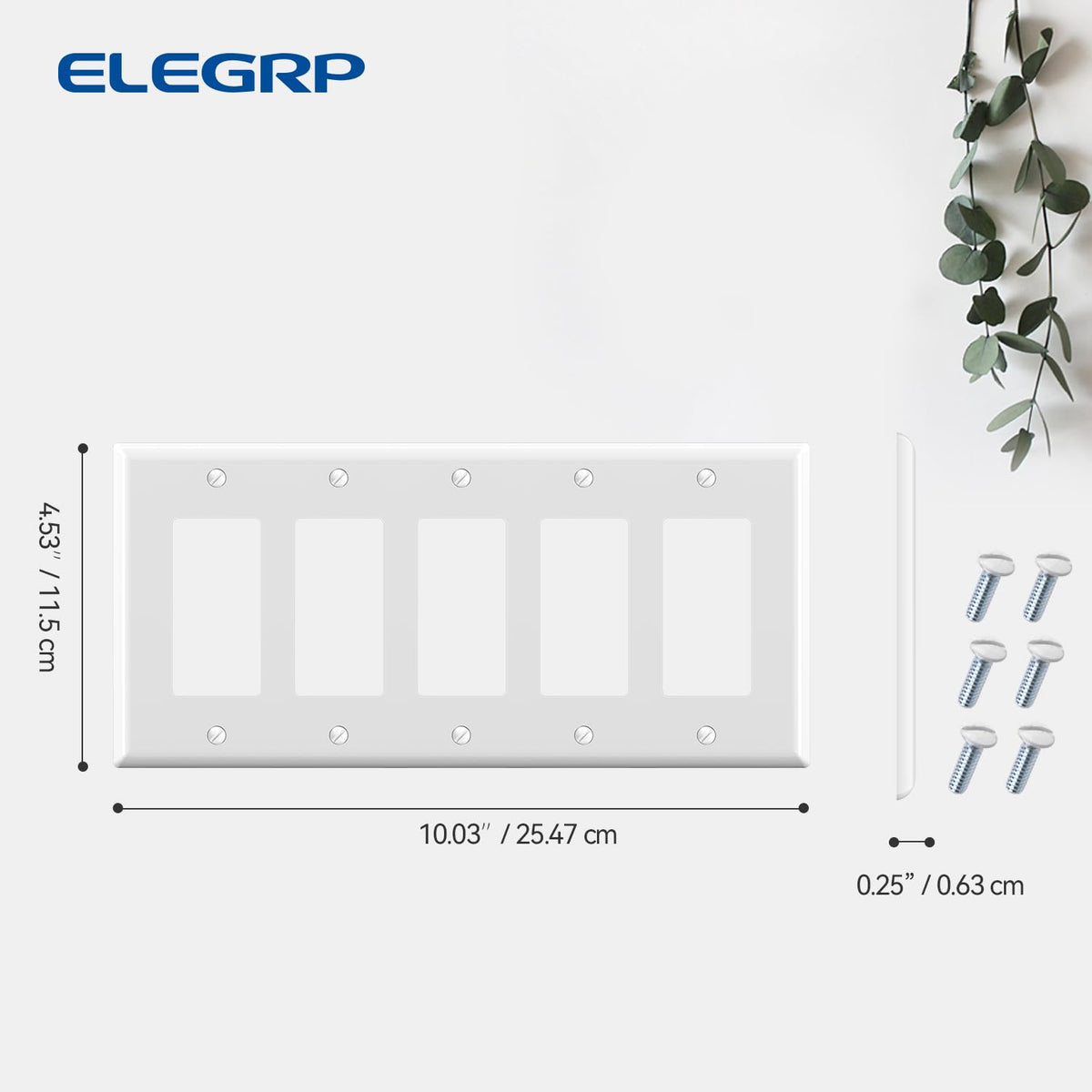 ELEGRP 5-Gang Decorative Wall Plates, Standard Size 4.52" H x 10.03" L Unbreakable Thermoplastic Faceplate Cover for Decorator Receptacle Outlet Switch, UL Listed (1 Pack, Glossy Black)