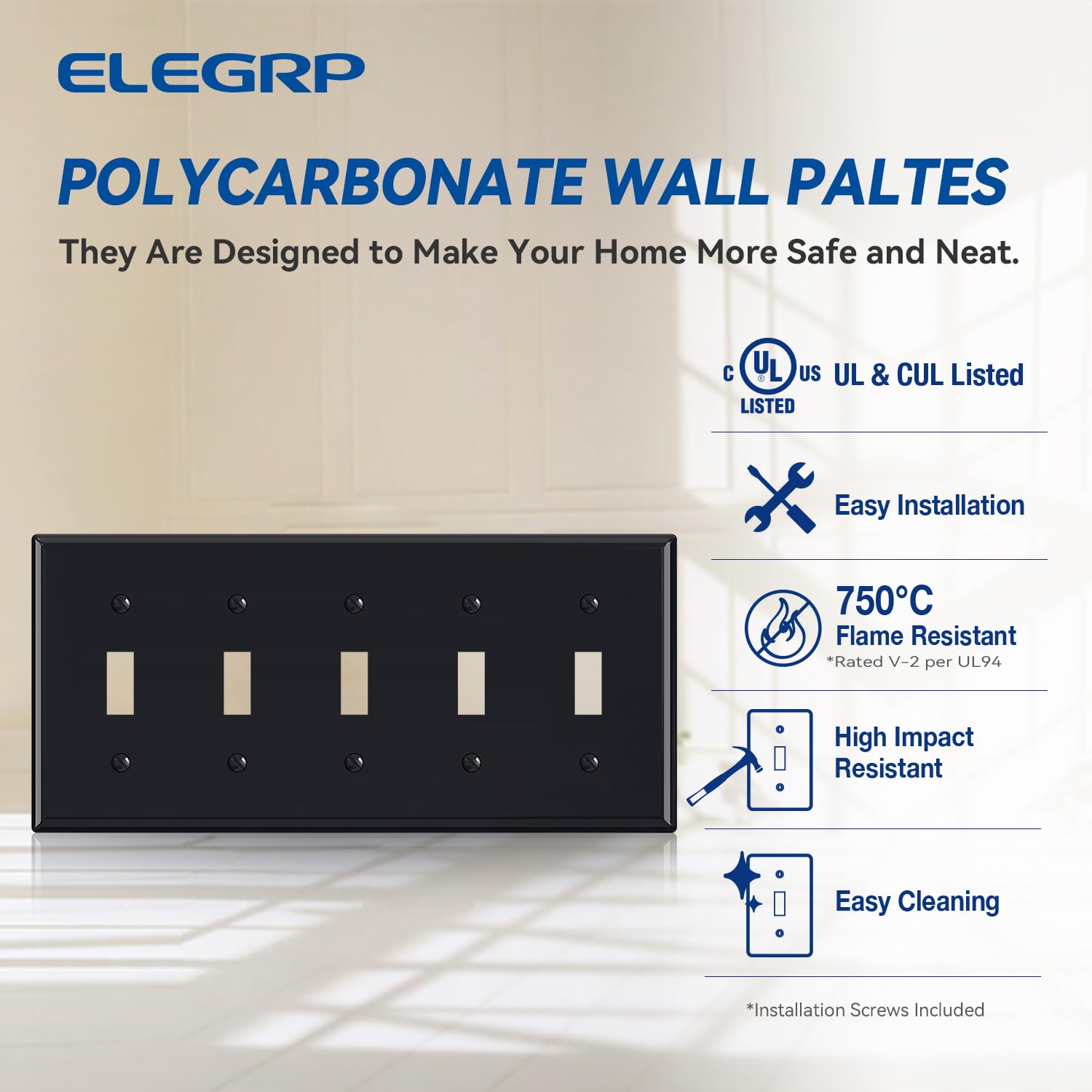 ELEGRP 5-Gang Toggle Switch Wall Plate, Standard Size 4.52" x 10.03", Unbreakable Thermoplastic, UL Listed (1 Pack)