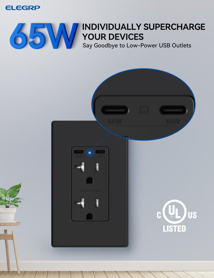 ELEGRP 65W Ultra-Speed USB C Outlet Receptacle for Laptop，Tamper Resistant USB Outlet, Wall Plate Included