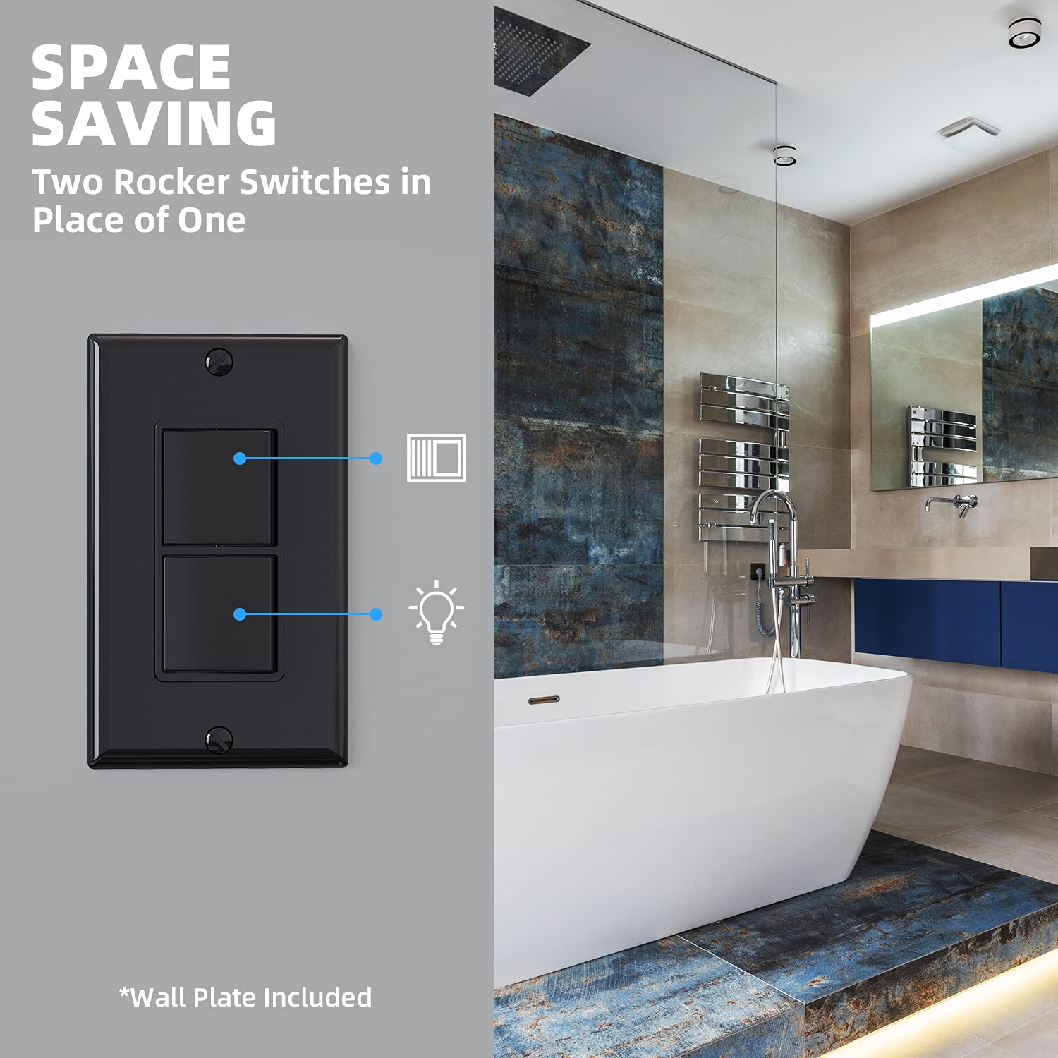 ELEGRP Decorator Double Rocker Light Switch, Two Single Pole Electrical Paddle Switches, 15A 125V, Self-Grounding, Wall Plate Included, UL Listed