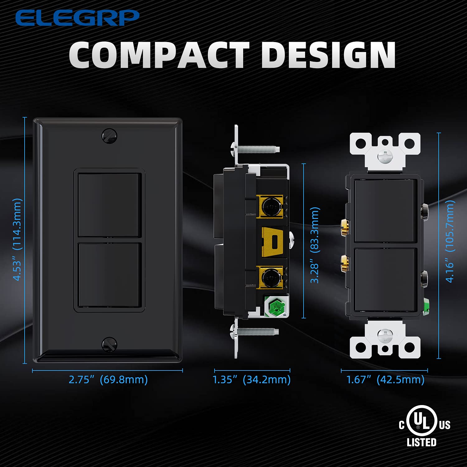 ELEGRP Decorator Double Rocker Light Switch, Two Single Pole Electrical Paddle Switches, 15A 125V, Self-Grounding, Wall Plate Included, UL Listed