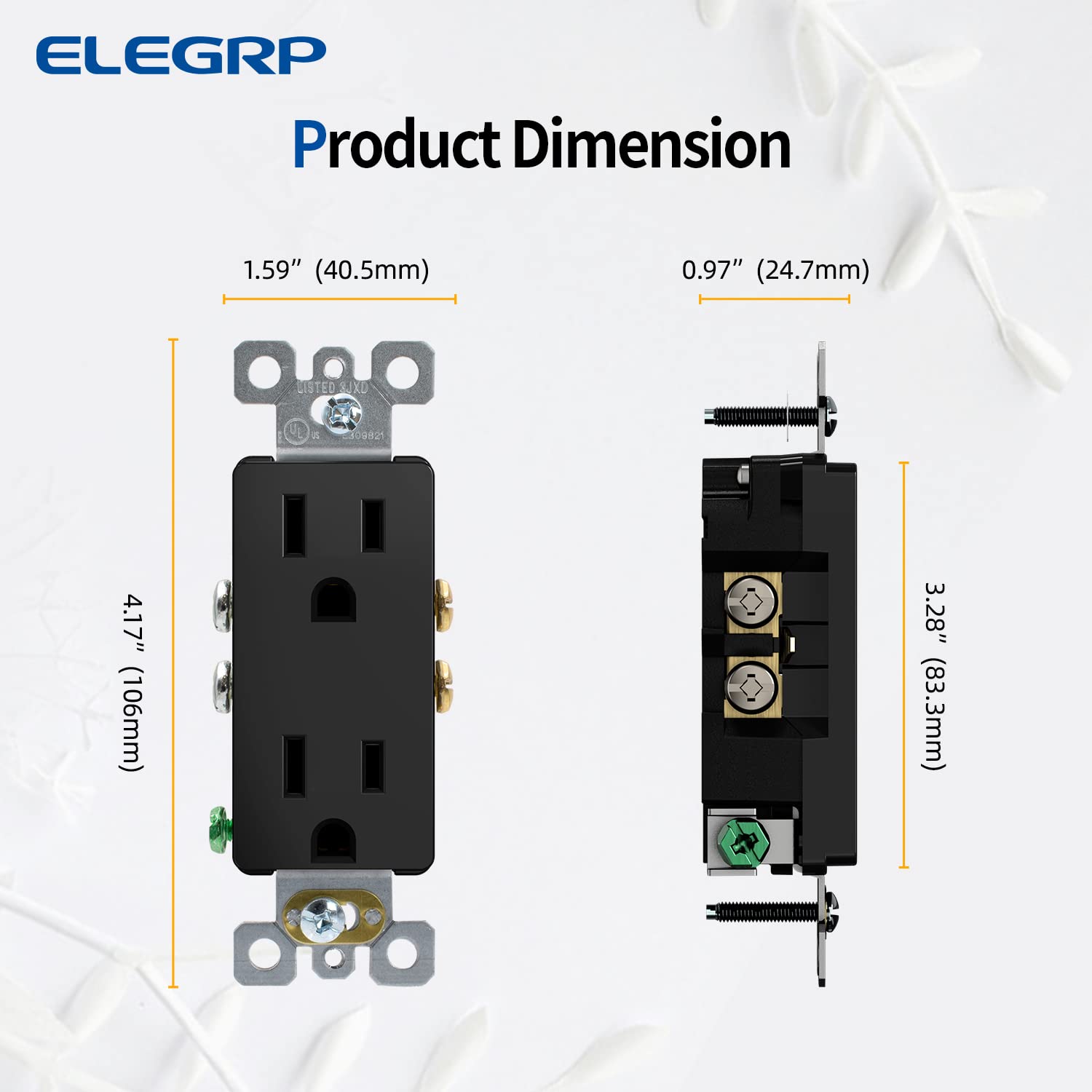 ELEGRP Decorator Receptacle, 15A 125V Standard Electrical Outlet, 2 Pole 3 Wire, Non-Tamper Resistant, Self-Grounding, NEMA 5-15R (10 Pack)