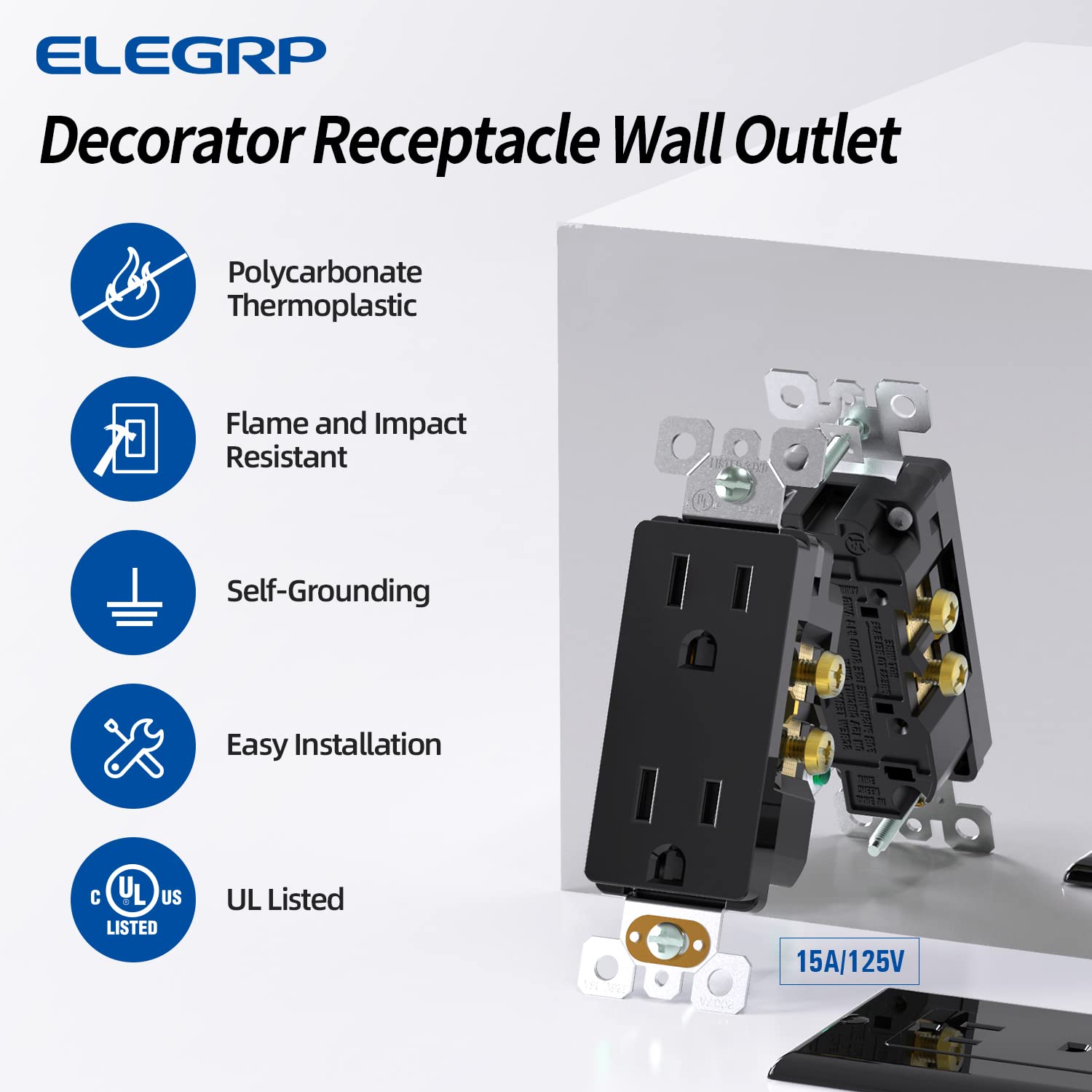 ELEGRP Decorator Receptacle, 15A 125V Standard Electrical Outlet, 2 Pole 3 Wire, Non-Tamper Resistant, Self-Grounding, NEMA 5-15R (10 Pack)