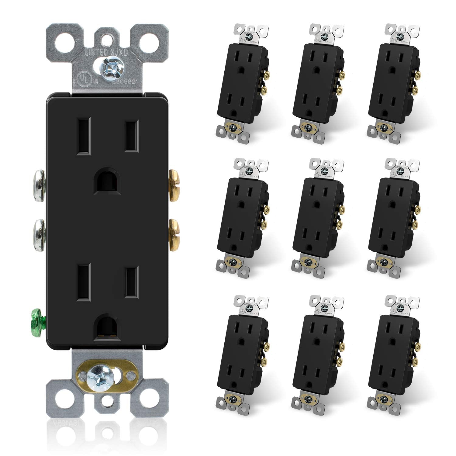 ELEGRP Decorator Receptacle, 15A 125V Standard Electrical Outlet, 2 Pole 3 Wire, Non-Tamper Resistant, Self-Grounding, NEMA 5-15R (10 Pack)