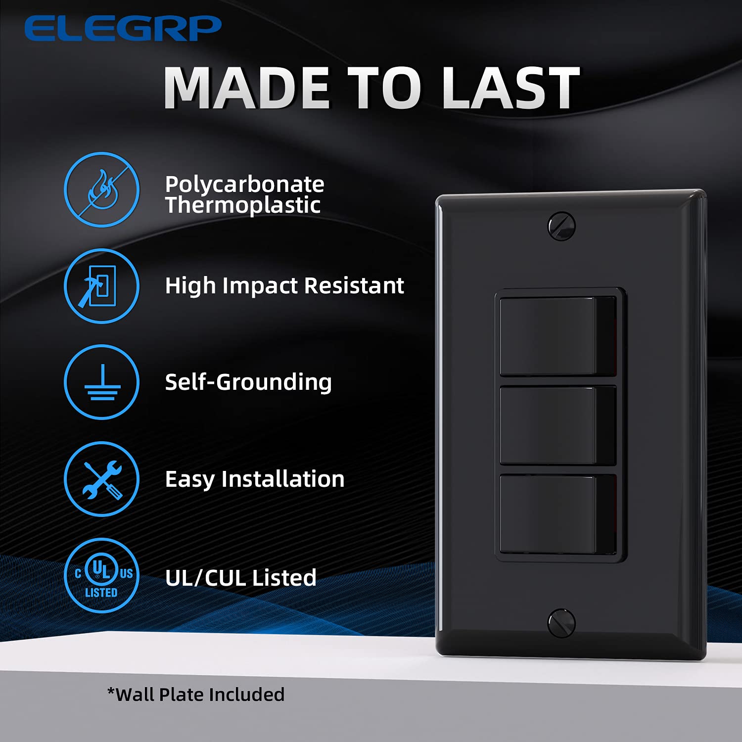 ELEGRP Combination Light Switch, 3 Single Pole Decorative Switches, 15A 125V, Wall Plate Included, Durable Thermoplastic, Easy Installation