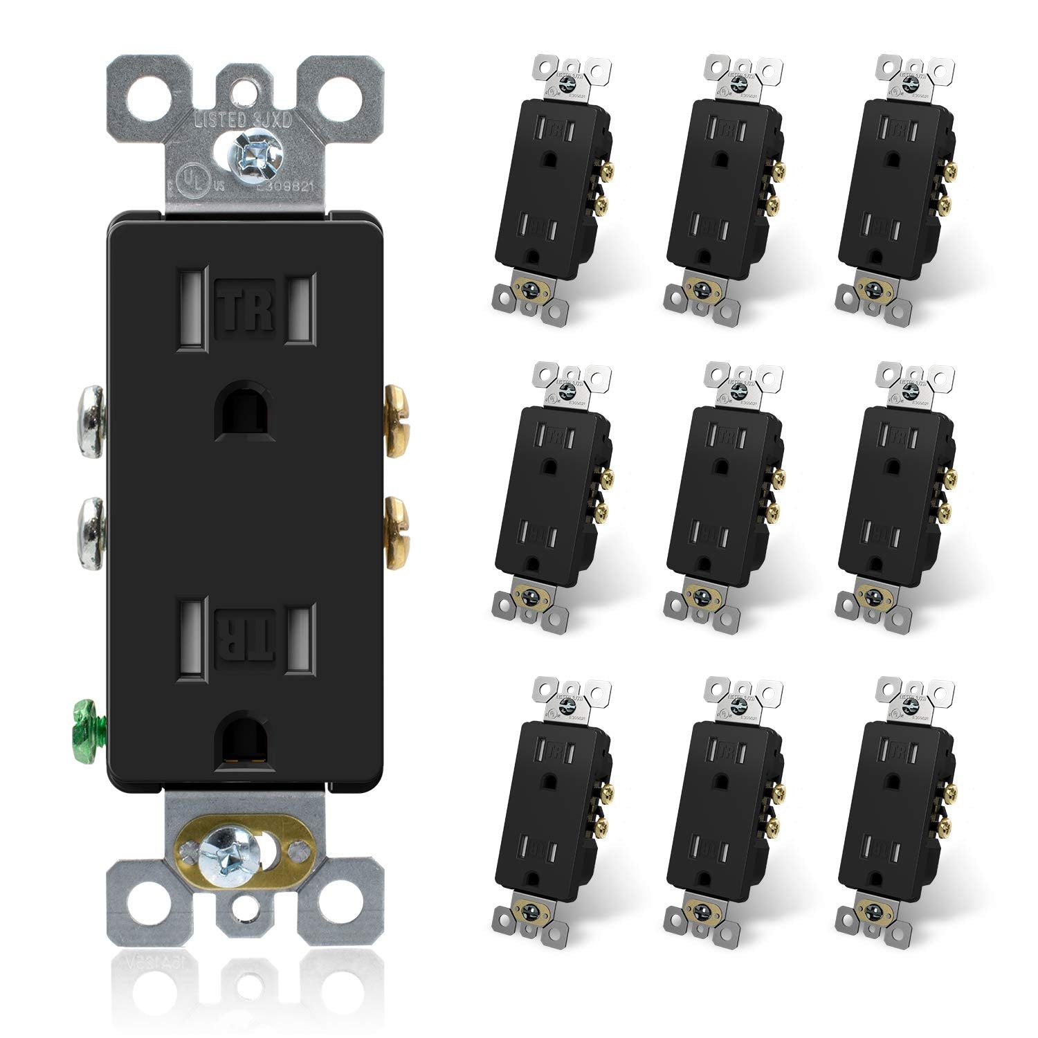 ELEGRP Tamper-Resistant Decorator Wall Receptacle Outlet, 15A 125V, Self-Grounding, Standard Electrical Outlet, UL Listed, 10 Pack