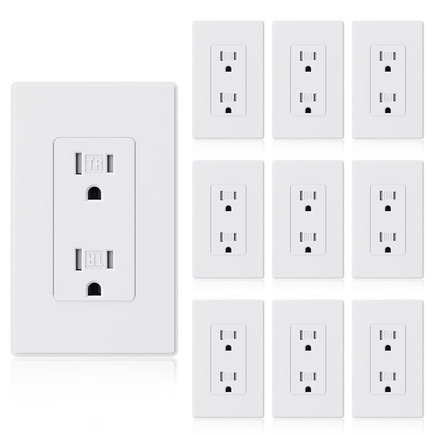 ELEGRP Tamper-Resistant Decorator Wall Receptacle Outlet, 15A 125V, Self-Grounding, Standard Electrical Outlet, UL Listed, 10 Pack