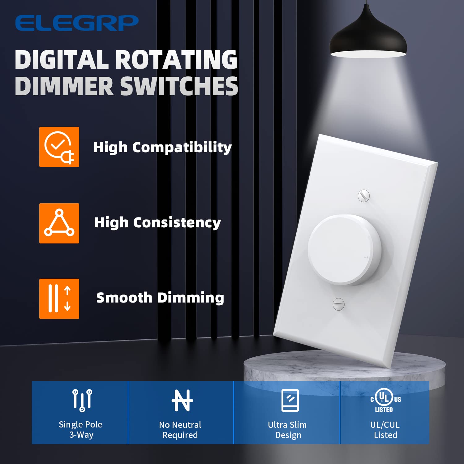 ELEGRP Digital Rotating Dimmer Switch, Single Pole/3-Way, for LED, CFL, and Incandescent Bulbs, Wall Plate Included, UL Listed