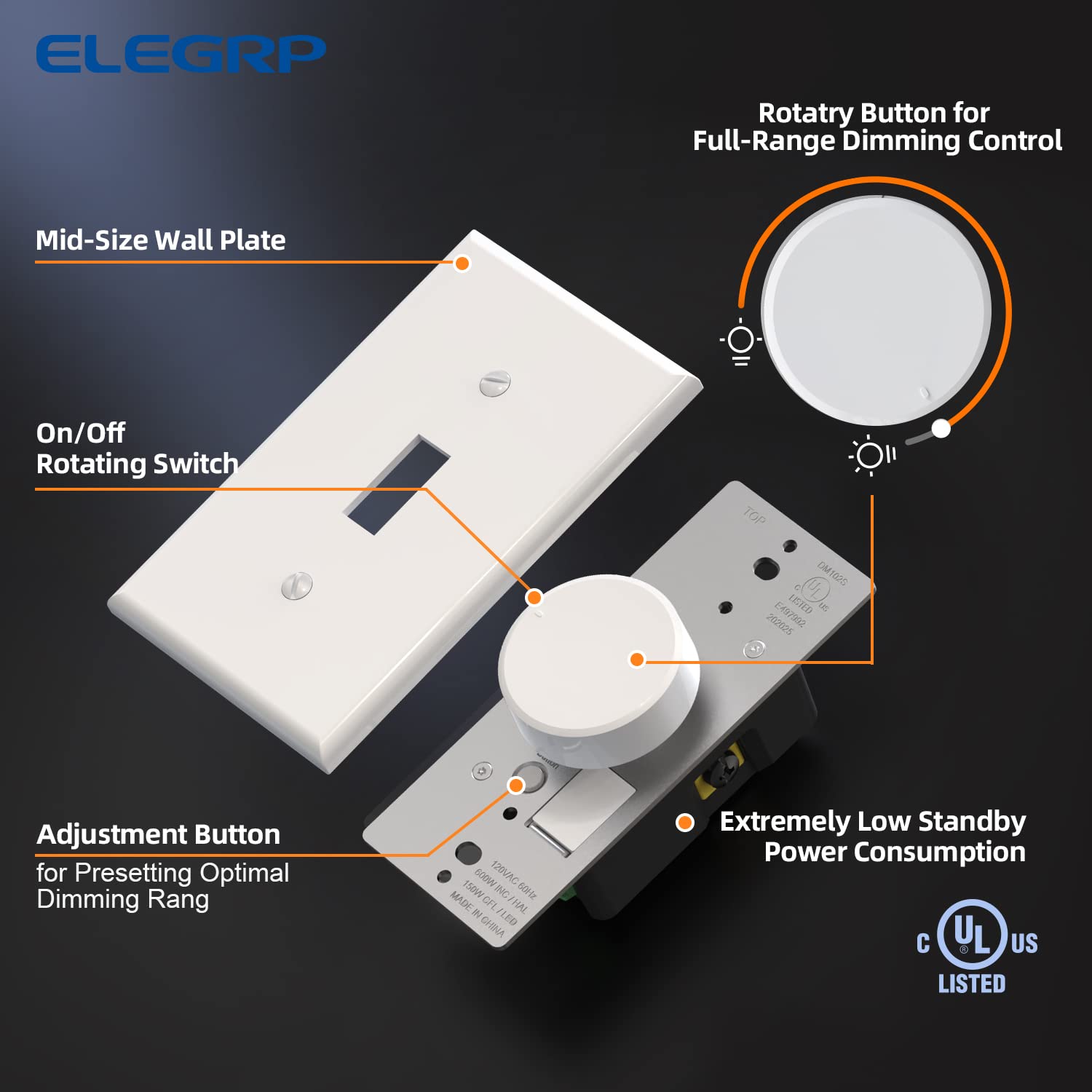 ELEGRP Digital Rotating Dimmer Switch, Single Pole/3-Way, for LED, CFL, and Incandescent Bulbs, Wall Plate Included, UL Listed
