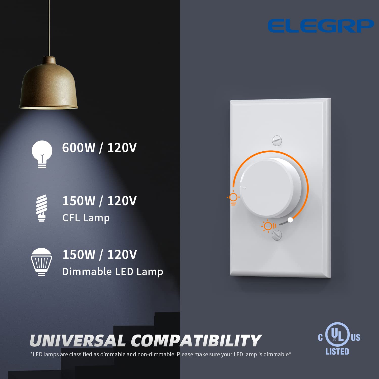 ELEGRP Digital Rotating Dimmer Switch, Single Pole/3-Way, for LED, CFL, and Incandescent Bulbs, Wall Plate Included, UL Listed