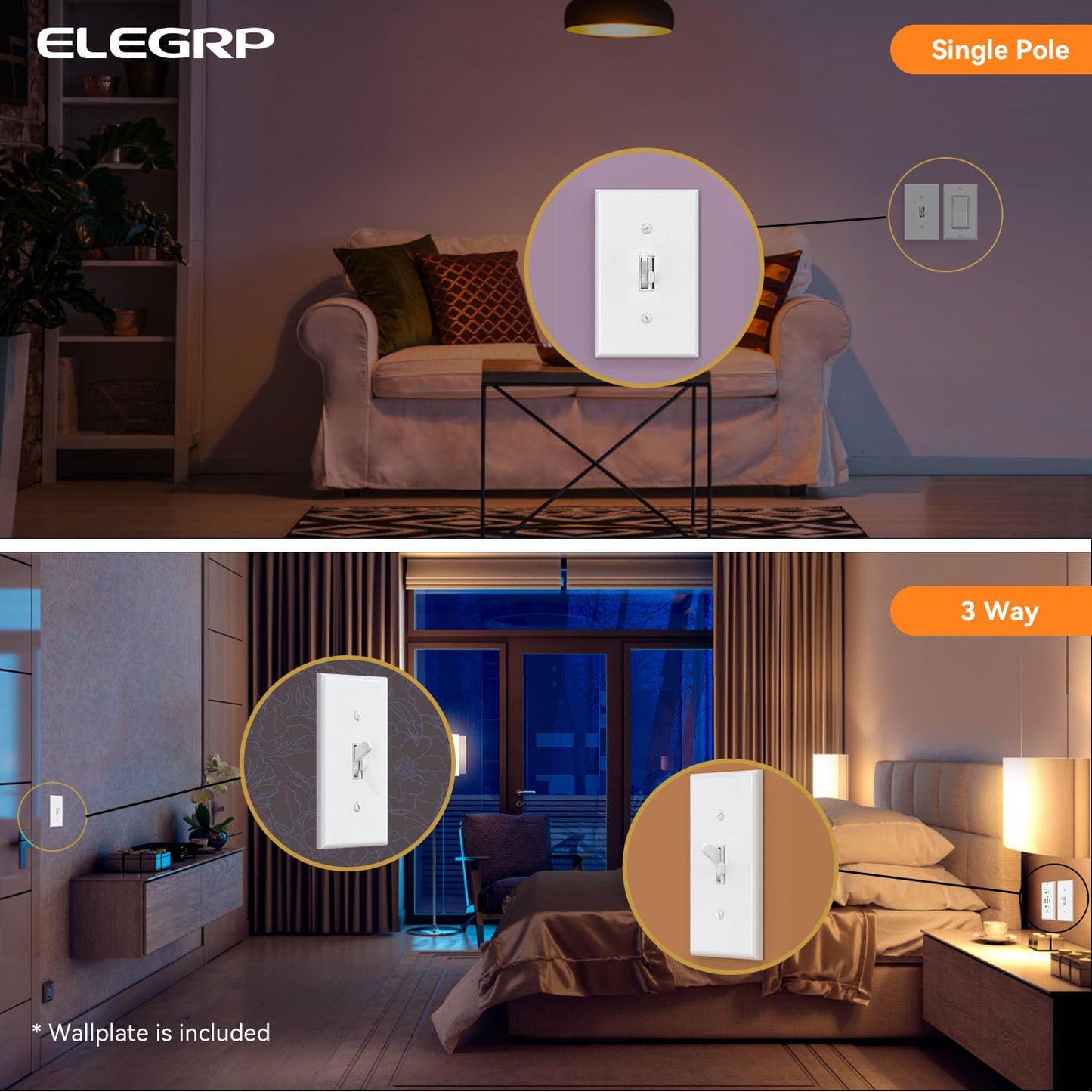 ELEGRP Digital Toggle Dimmer Switch for Dimmable LED, CFL and Incandescent Light Bulbs, Single Pole or 3-Way Toggle LED Dimmer Light Switch, Wall Plate Included, UL Listed