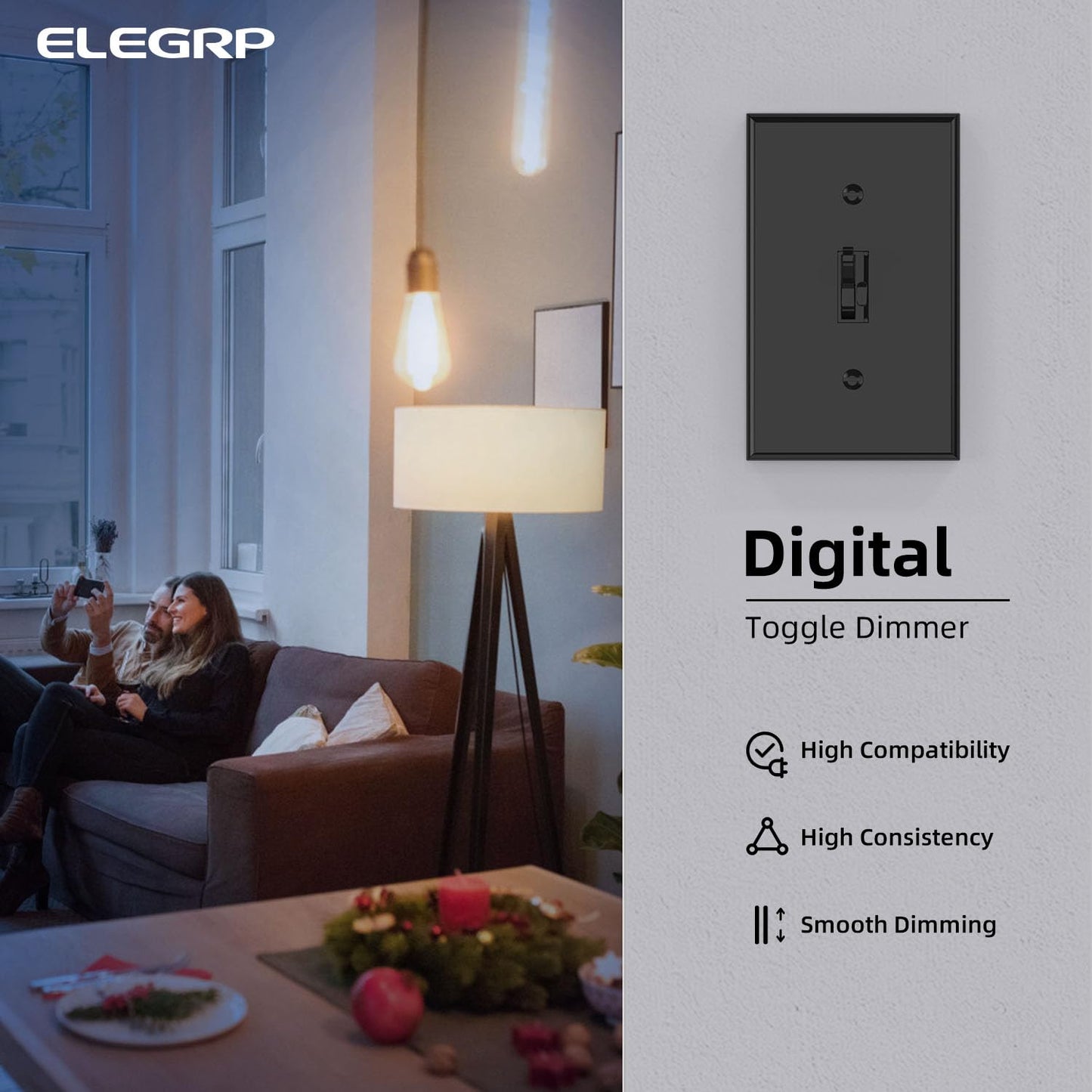 ELEGRP Digital Toggle Dimmer Switch for Dimmable LED, CFL and Incandescent Light Bulbs, Single Pole or 3-Way Toggle LED Dimmer Light Switch, Wall Plate Included, UL Listed