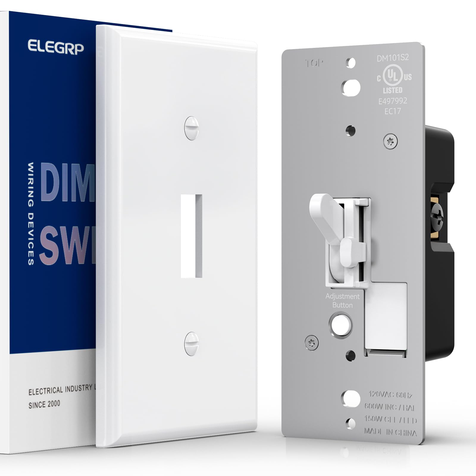ELEGRP Digital Toggle Dimmer Switch, Single-Pole/3-Way, for LED, CFL, Incandescent Bulbs, Wall Plate Included, UL Listed