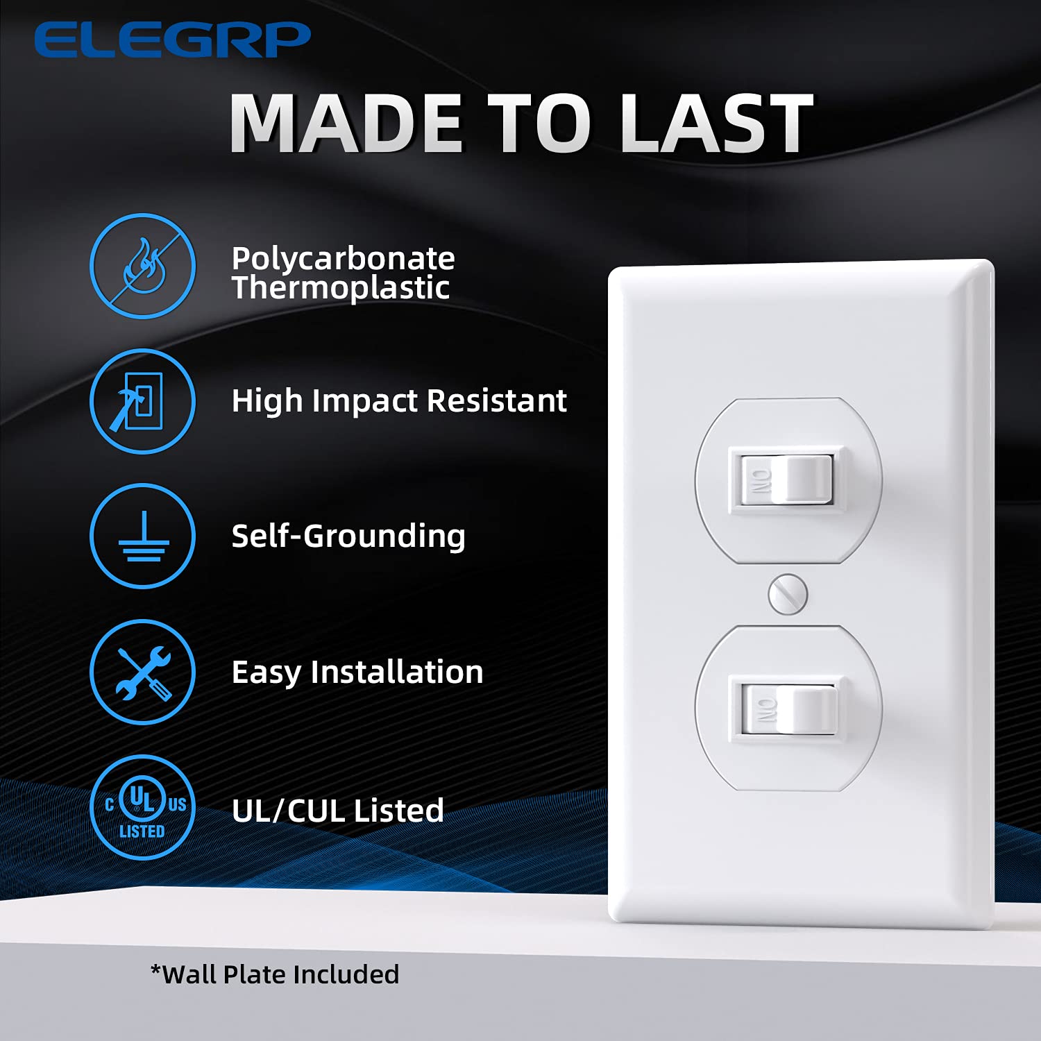 ELEGRP Double Toggle Light Switch, Dual Single-Pole Electrical Switch, 15A 120V, Self-Grounding, Wall Plate Included, UL Listed