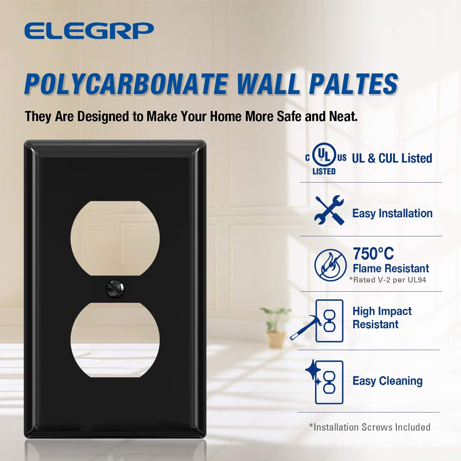 ELEGRP Duplex Receptacle Wall Plate, 1-Gang, Unbreakable Polycarbonate Outlet Cover, UL Listed, Screwless Design (5 Pack)