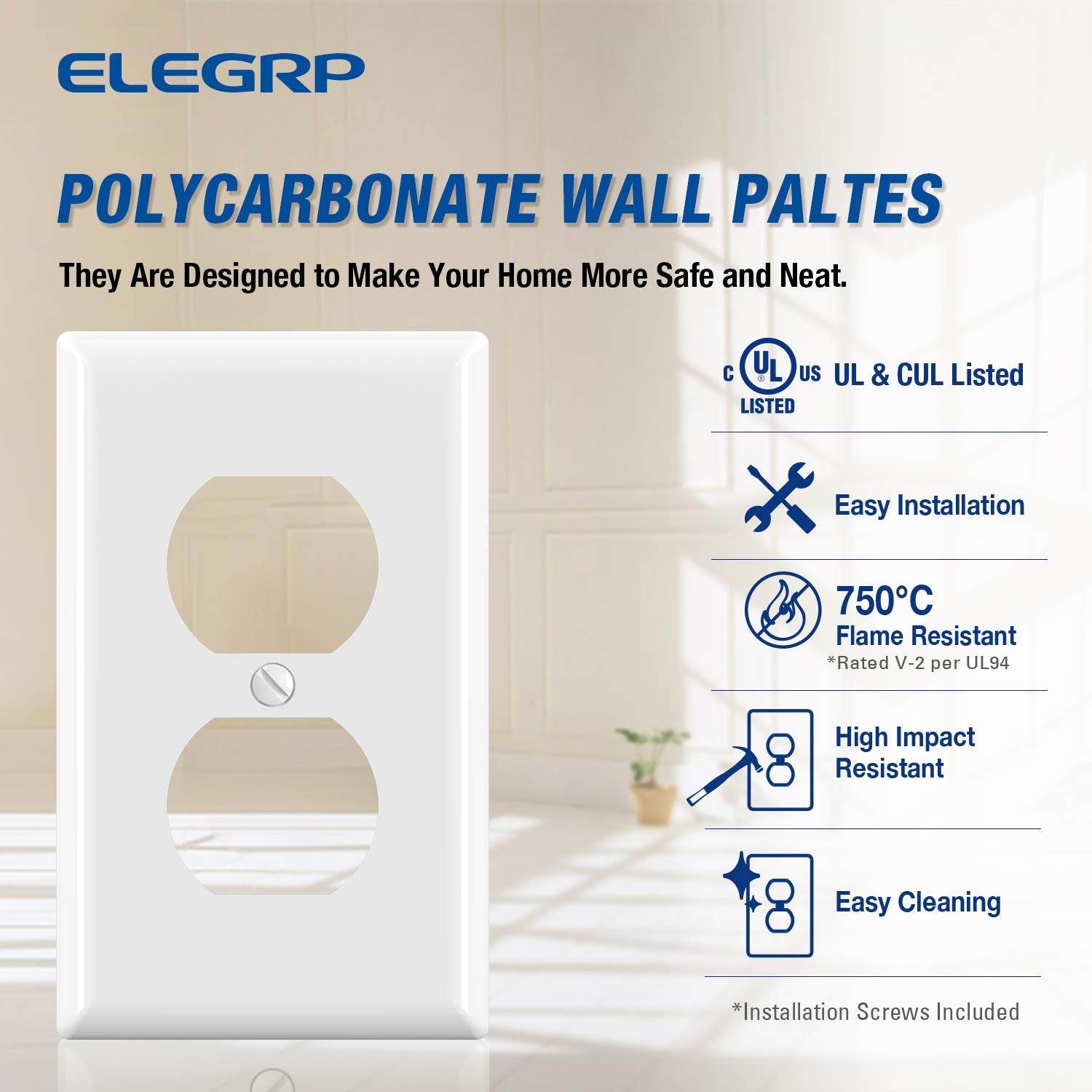 ELEGRP Duplex Receptacle Wall Plate, 1-Gang, Unbreakable Polycarbonate Outlet Cover, UL Listed, Screwless Design (5 Pack)