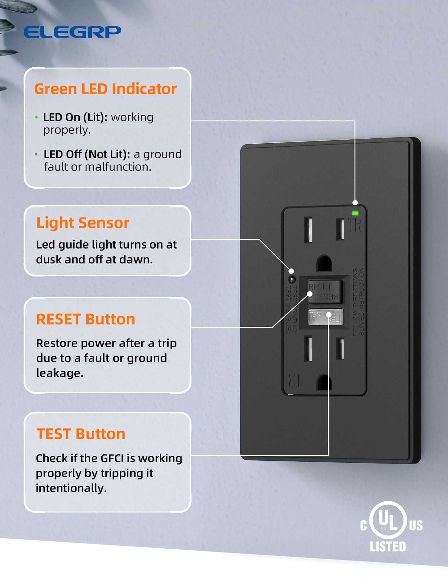 ELEGRP GFCI Outlet w/Nightlight, Self-Test GFI Electrical Outlet w/Thinner Design, Tamper Resistant GFCI Receptacle, Ground Fault Receptacle w/Wall Plate