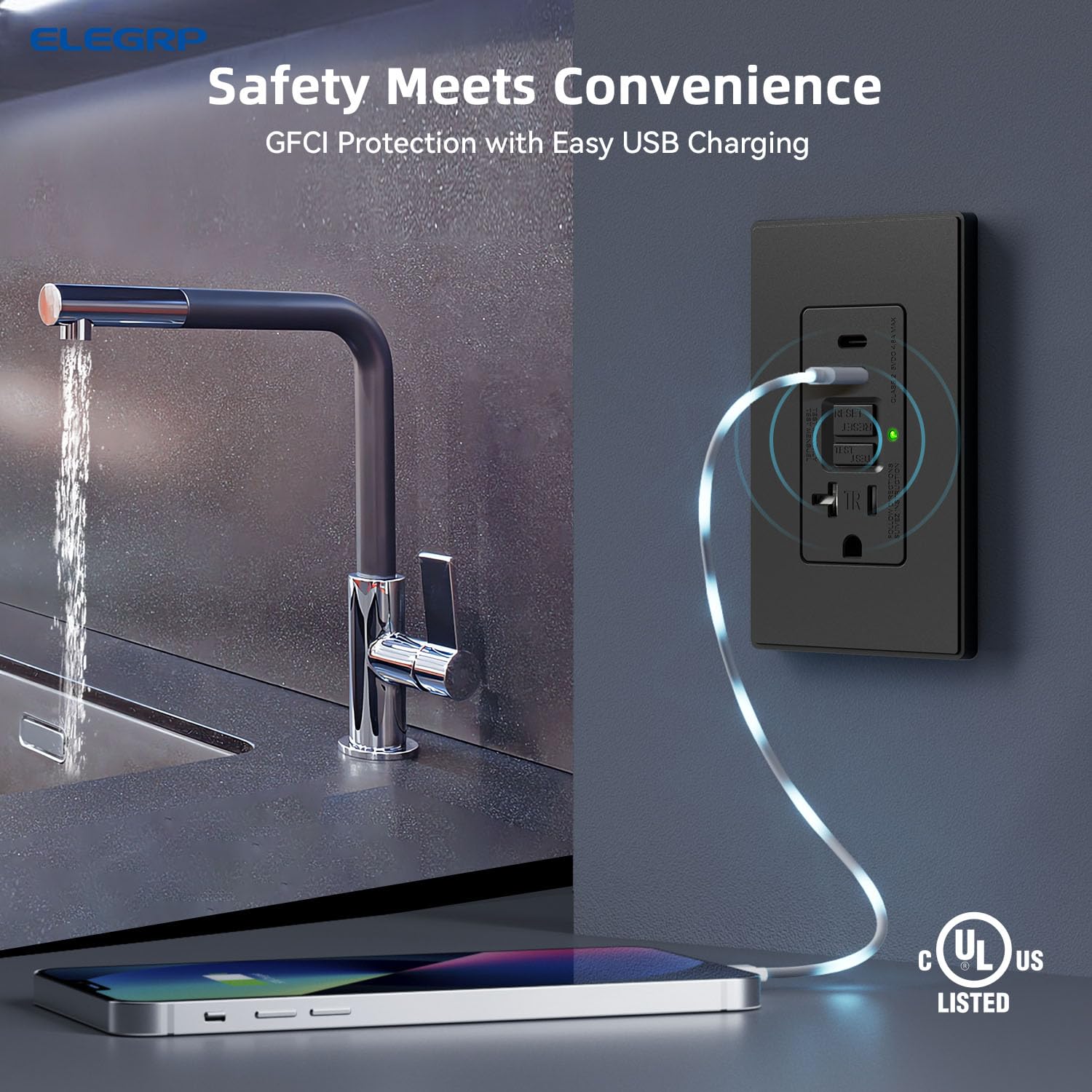 GFCI Outlet with USB Ports, Compact Design, Tamper-Resistant | ELEGRP