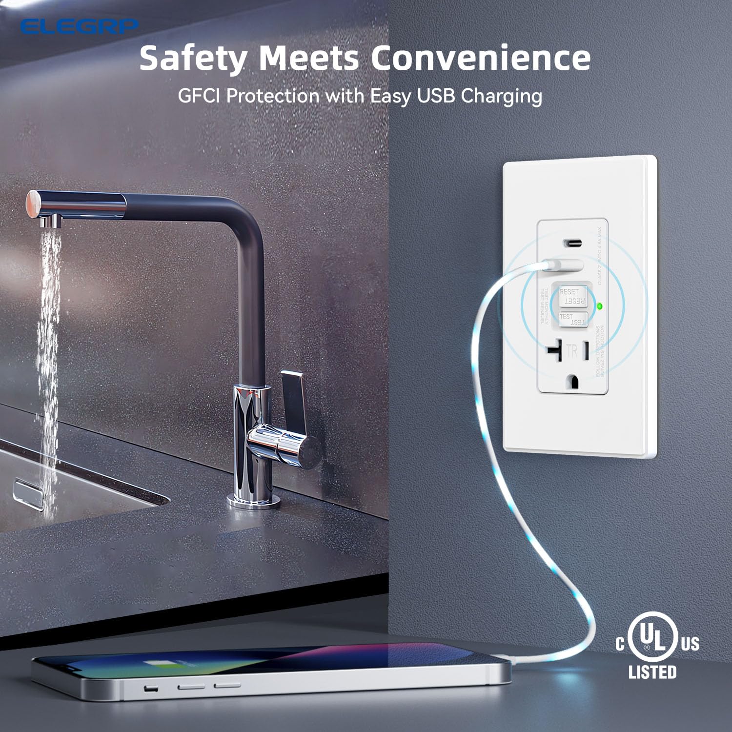 GFCI Outlet with USB Ports, Compact Design, Tamper-Resistant | ELEGRP