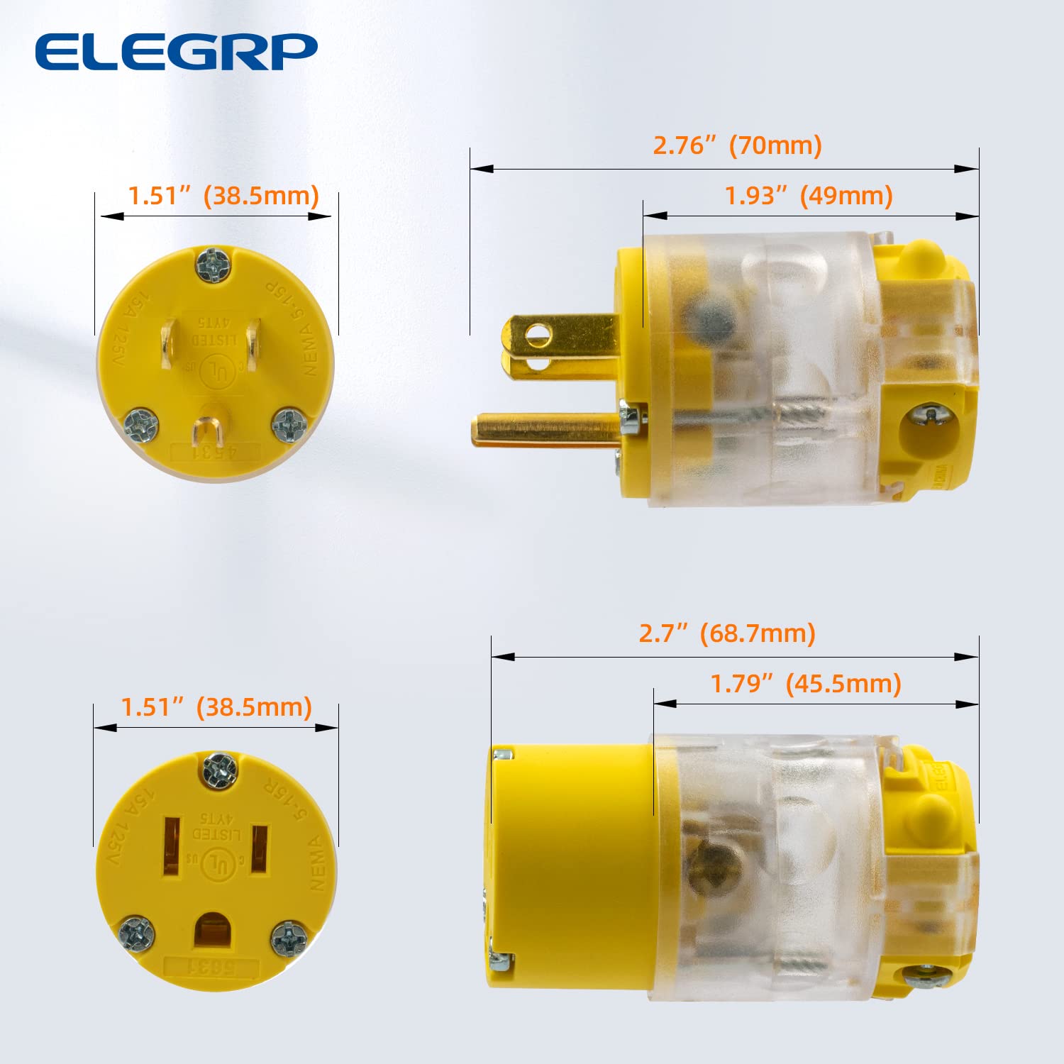 ELEGRP Lighted Electrical Plug and Connector Set, 15A 125V, NEMA 5-15P & NEMA 5-15R, 2 Pole 3 Wire Grounding, Commercial Grade, Yellow