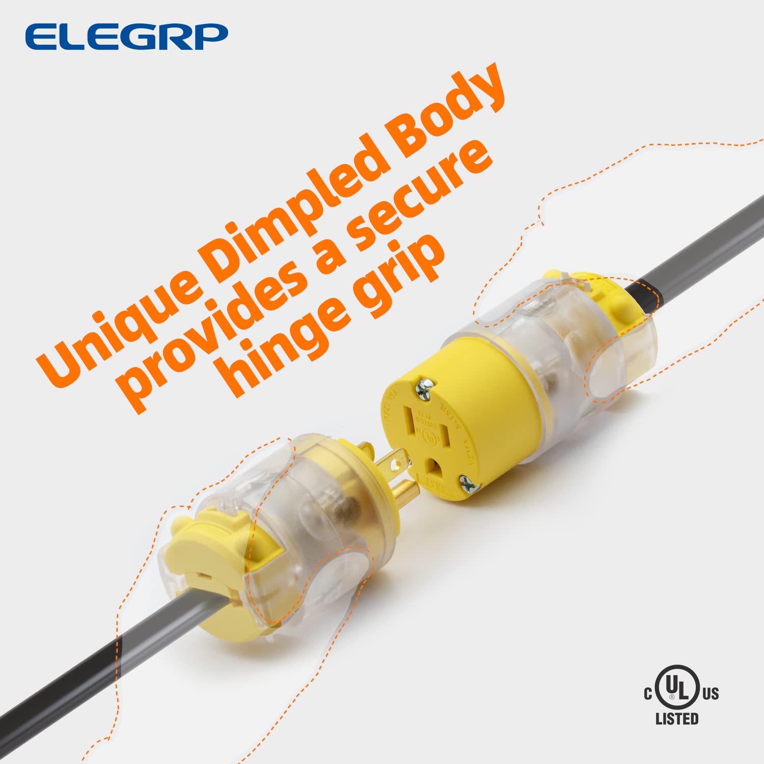 ELEGRP Lighted Electrical Plug and Connector Set, 15A 125V, NEMA 5-15P & NEMA 5-15R, 2 Pole 3 Wire Grounding, Commercial Grade, Yellow
