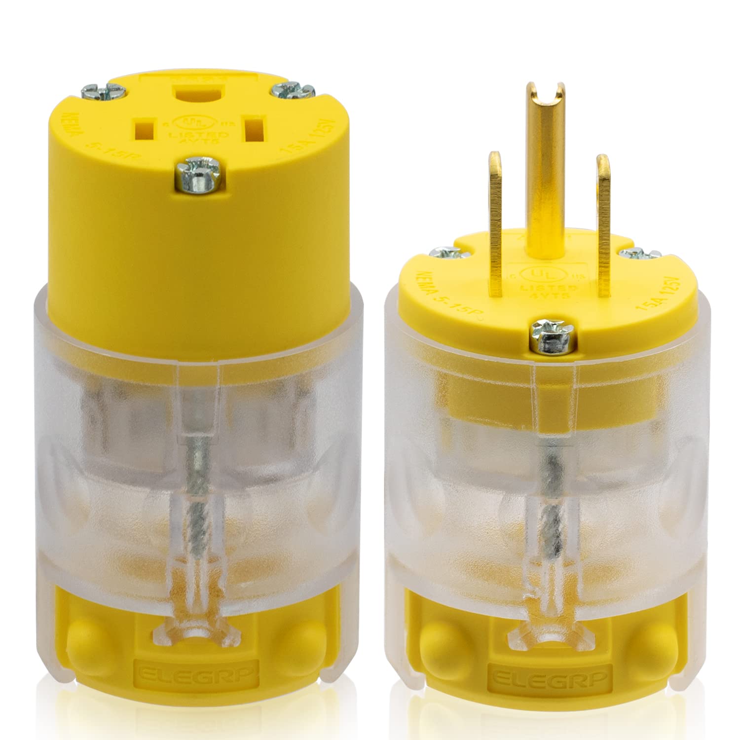 ELEGRP Lighted Electrical Plug and Connector Set, 15A 125V, NEMA 5-15P & NEMA 5-15R, 2 Pole 3 Wire Grounding, Commercial Grade, Yellow