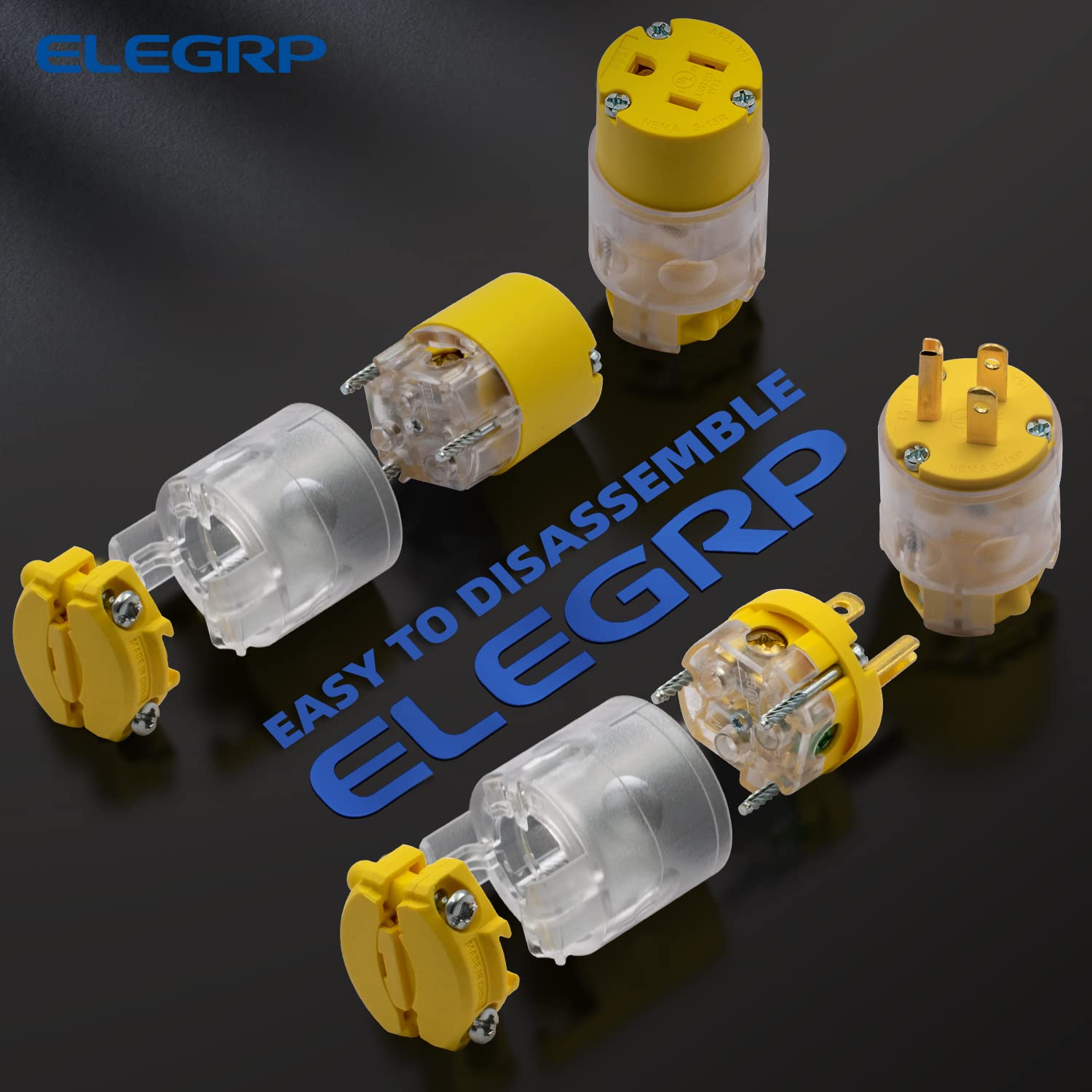 ELEGRP Lighted Electrical Plug and Connector Set, 15A 125V, NEMA 5-15P & NEMA 5-15R, 2 Pole 3 Wire Grounding, Commercial Grade, Yellow