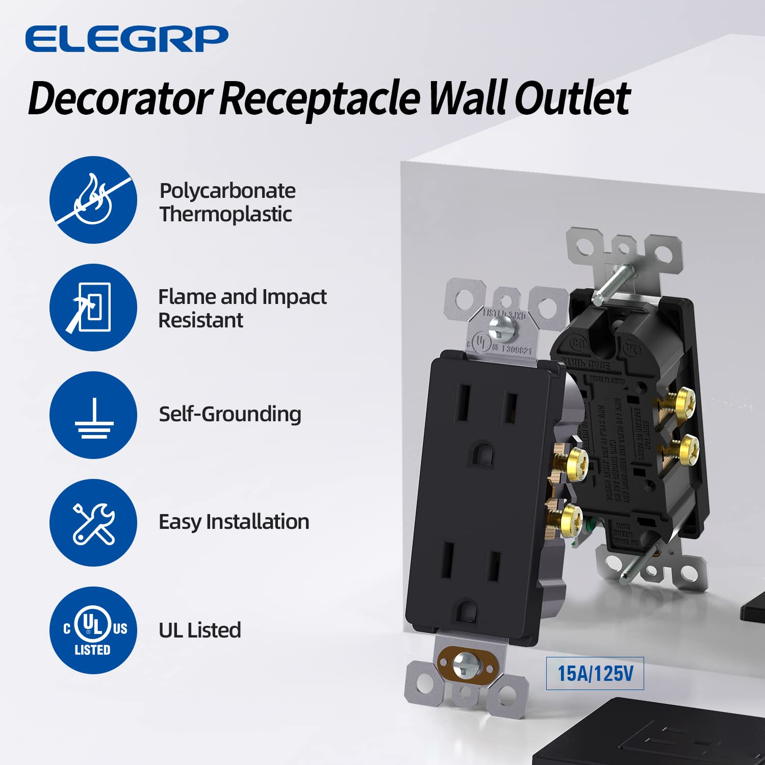 ELEGRP Decorative Outlets, 2 Pole 3 Wire Grounding, 15A 125V, TR or Standard Receptacle for Residential Use, Matte Finish (10 Pack)