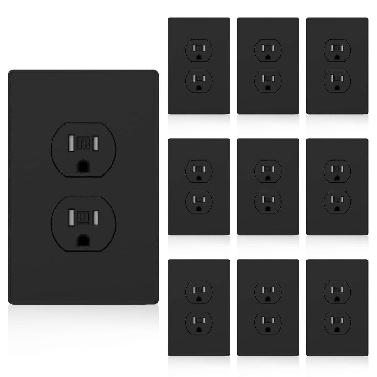 TOPELER 15A Black Decorator Wall Outlet – Tamper-Resistant, Self-Grounding Duplex Receptacle With Wall Plate, CUL Listed, 10-Pack