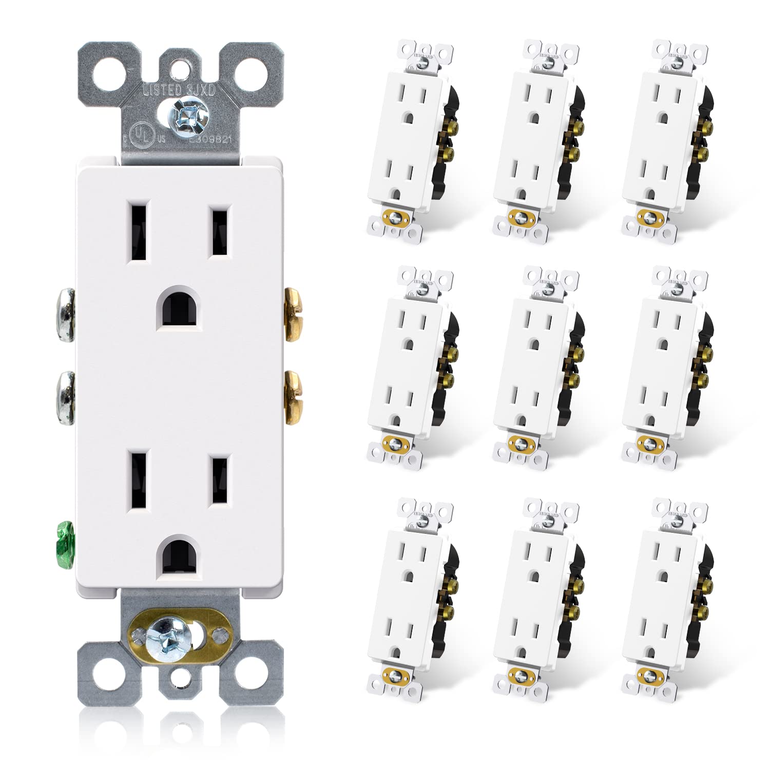 ELEGRP Decorator Receptacle, 15A 125V Standard Electrical Outlet, 2 Pole 3 Wire, Non-Tamper Resistant, Self-Grounding, NEMA 5-15R (10 Pack)