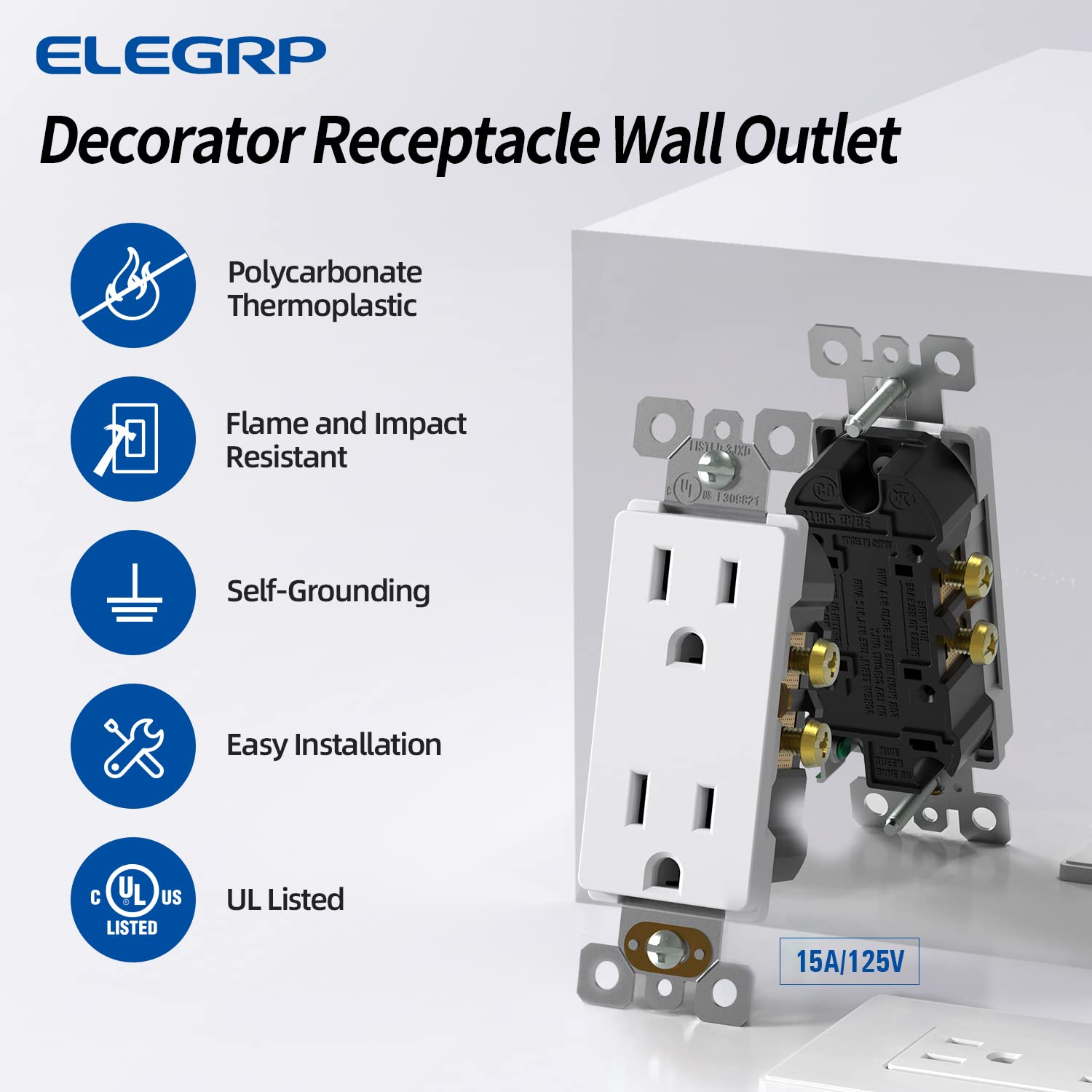 ELEGRP Decorator Receptacle, 15A 125V Standard Electrical Outlet, 2 Pole 3 Wire, Non-Tamper Resistant, Self-Grounding, NEMA 5-15R (10 Pack)