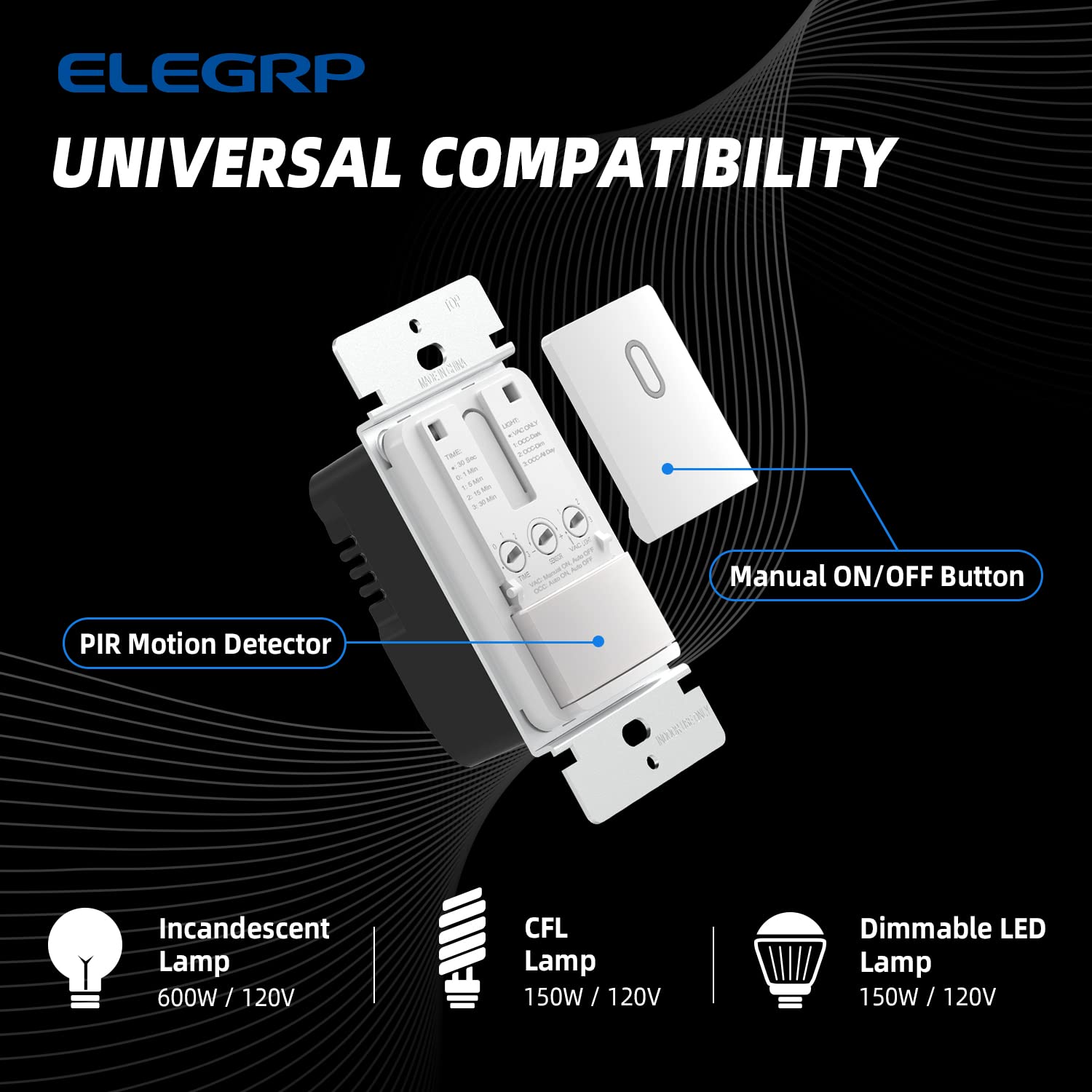 ELEGRP Motion Sensor Light Switch, Single-Pole or Dual Location Control, No Neutral Wire Needed, Wall Plate Included, UL Listed