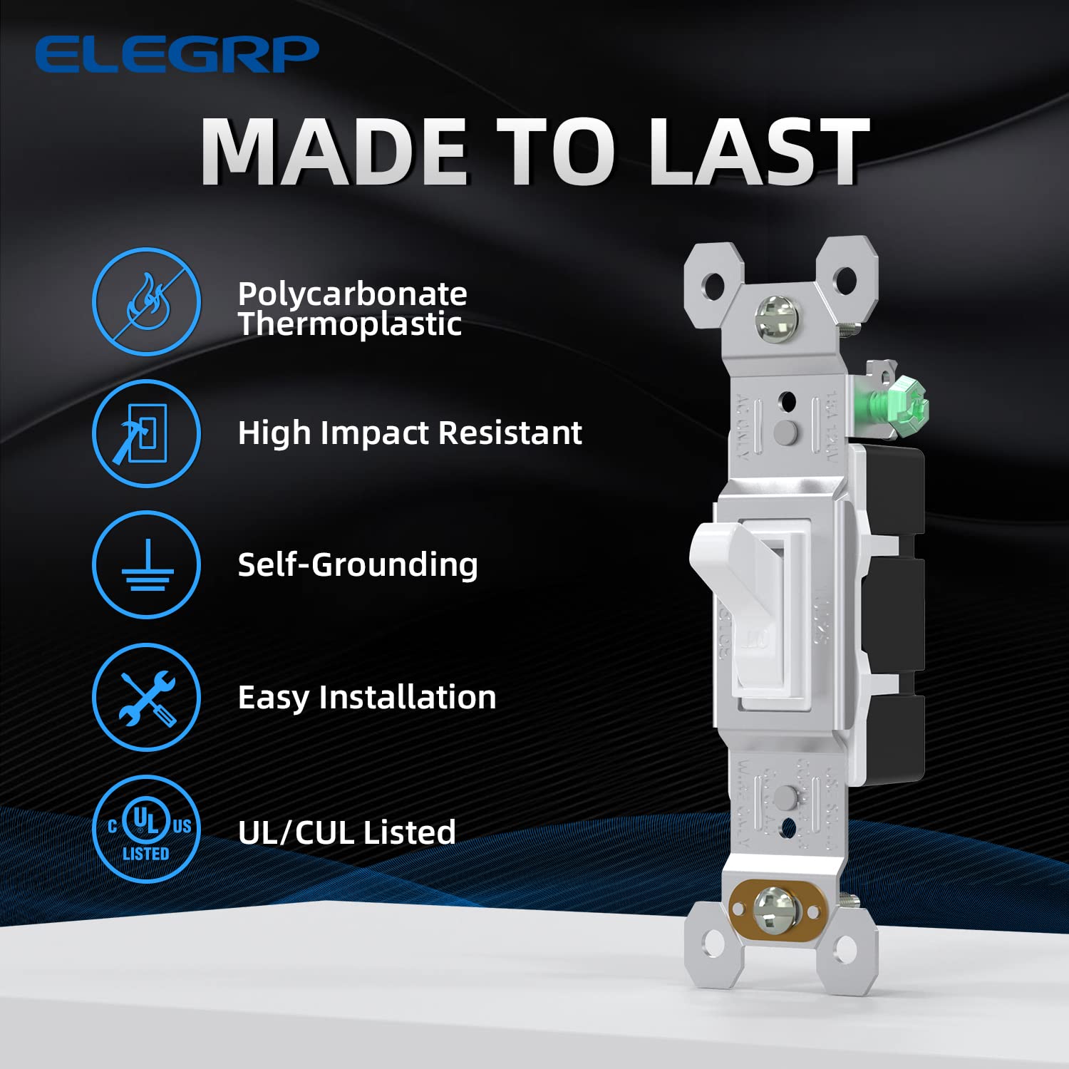 ELEGRP Single Pole Toggle Light Switch, 15 Amp, 120 Volt, Quiet AC Switch, Self-Grounding, Quick Push-in Wiring (10 Pack), UL Listed