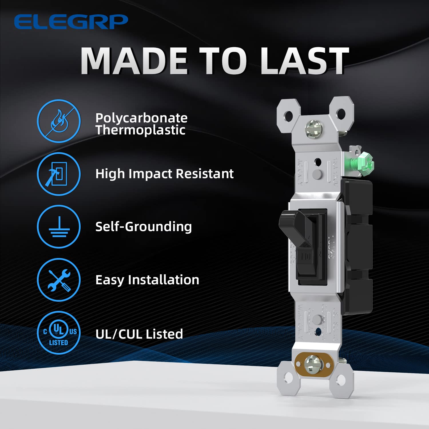 ELEGRP Single Pole Toggle Light Switch, 15 Amp, 120 Volt, Quiet AC Switch, Self-Grounding, Quick Push-in Wiring (10 Pack), UL Listed