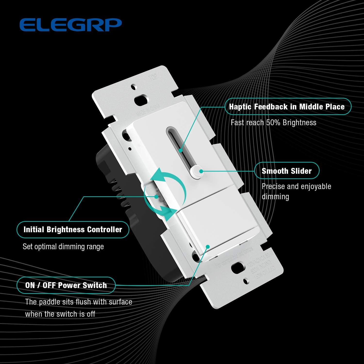 ELEGRP Slide Dimmer Switch, Single Pole or 3-Way, for LED, CFL, Incandescent Bulbs, Full Control with Preset, Rocker Paddle, Wall Plate Included