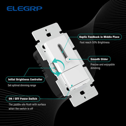 ELEGRP Slide Dimmer Switch for Dimmable LED, CFL and Incandescent Light Lamp Bulbs, Single Pole or 3-Way, Full Control with Preset, Rocker Paddle, Wall Plate Included