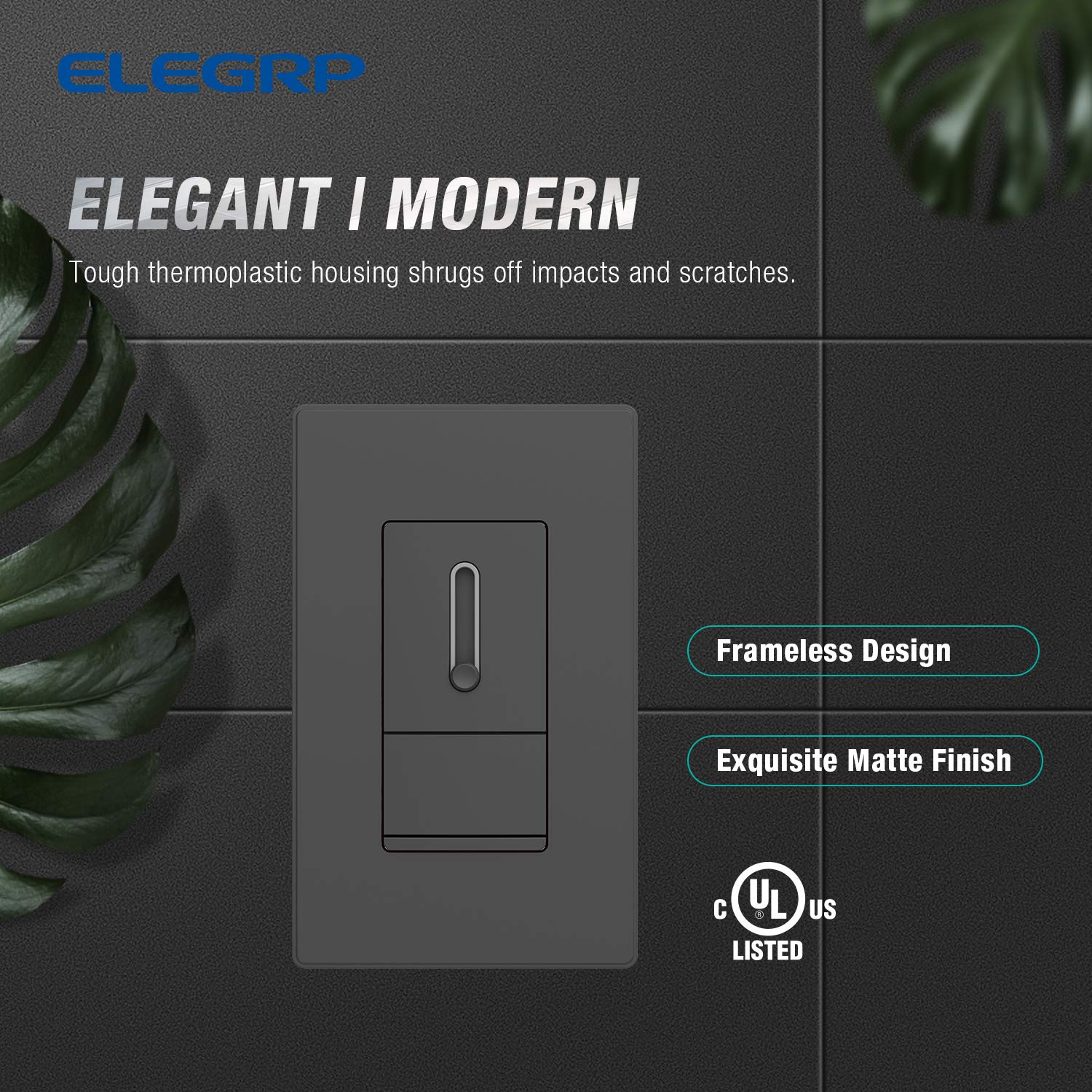 ELEGRP Slide Dimmer Switch, Single Pole or 3-Way, for LED, CFL, Incandescent Bulbs, Full Control with Preset, Rocker Paddle, Wall Plate Included