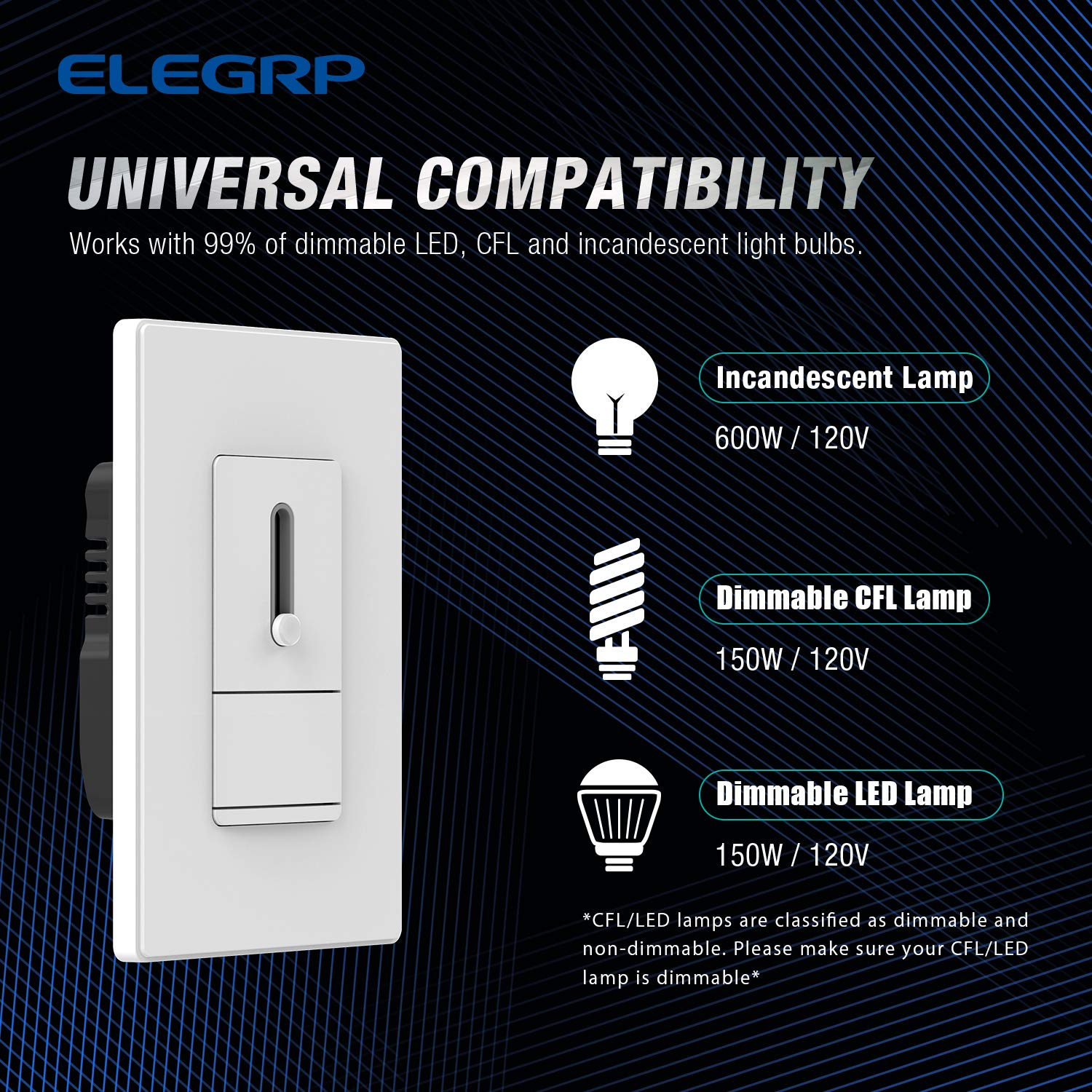 ELEGRP Slide Dimmer Switch, Single Pole or 3-Way, for LED, CFL, Incandescent Bulbs, Full Control with Preset, Rocker Paddle, Wall Plate Included