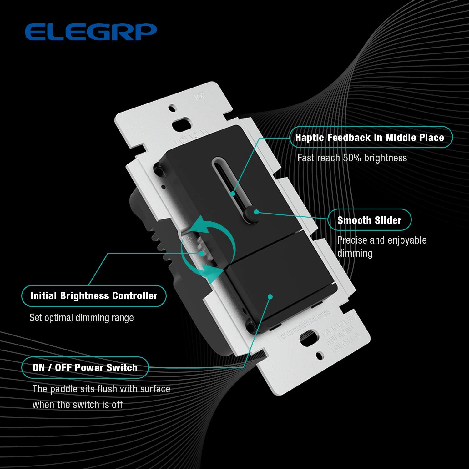 ELEGRP Slide Dimmer Switch, Single Pole or 3-Way, for LED, CFL, Incandescent Bulbs, Full Control with Preset, Rocker Paddle, Wall Plate Included