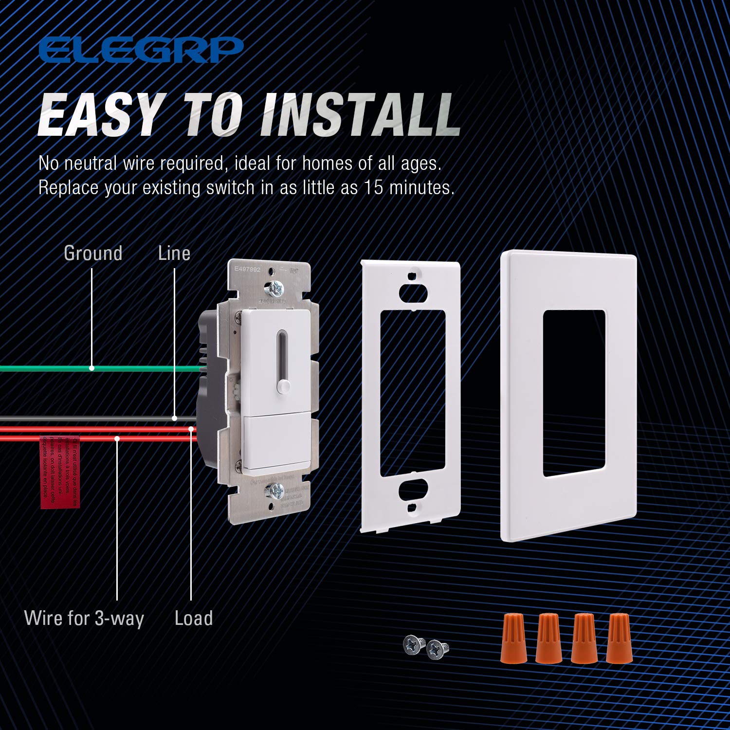 ELEGRP Slide Dimmer Switch, Single Pole or 3-Way, for LED, CFL, Incandescent Bulbs, Full Control with Preset, Rocker Paddle, Wall Plate Included