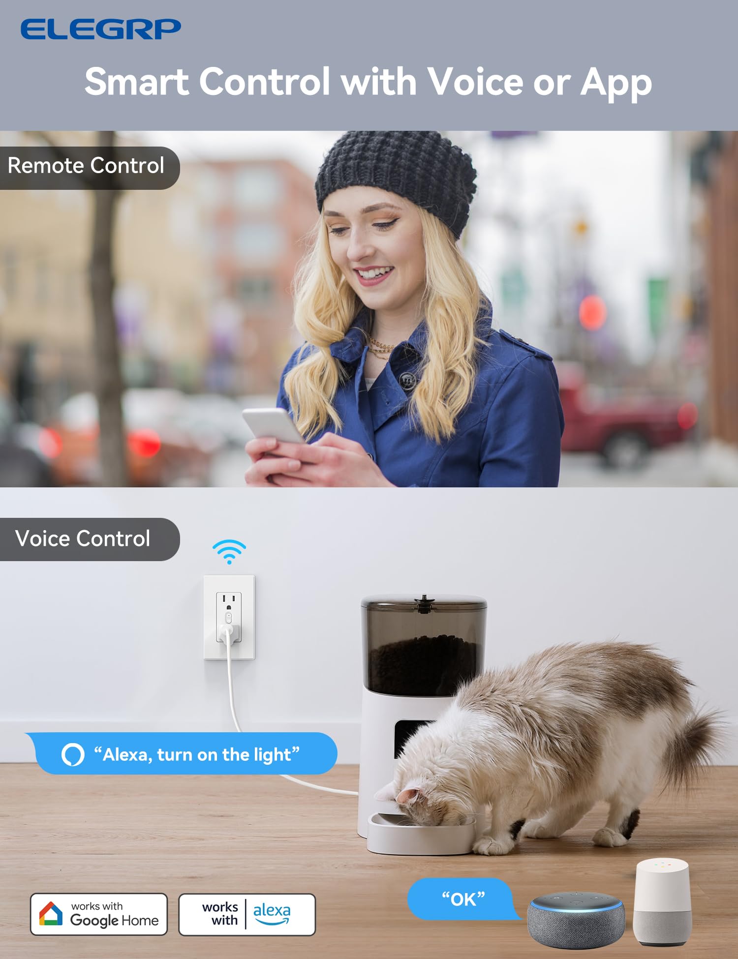 ELEGRP Smart In-Wall Outlet, 2.4GHz Wi-Fi Receptacle, Alexa & Google Assistant Compatible, 2 Individually Controlled Outlets, UL Listed