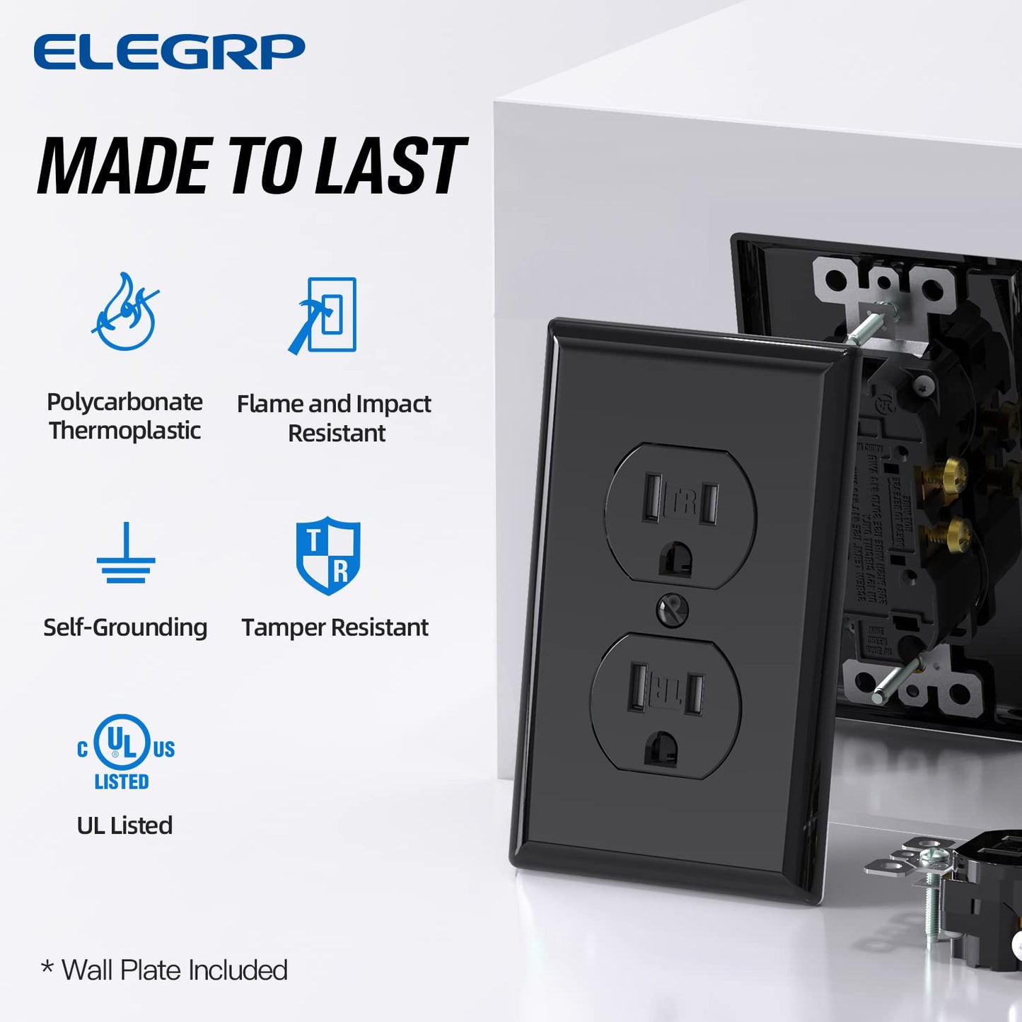 ELEGRP Tamper-Resistant Duplex Receptacle, 15A 125V Standard Electrical Duplex Wall Outlet, 2 Pole 3 Wire, 5-15R, Self-Grounding, Residential Grade, w/Wall Plate, UL Listed