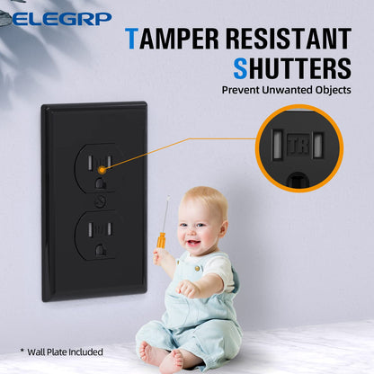 ELEGRP Tamper-Resistant Duplex Receptacle, 15A 125V Standard Electrical Duplex Wall Outlet, 2 Pole 3 Wire, 5-15R, Self-Grounding, Residential Grade, w/Wall Plate, UL Listed