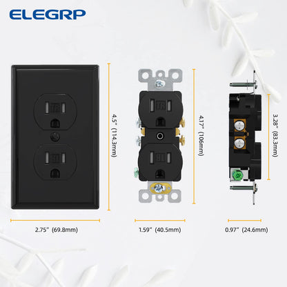 ELEGRP Tamper-Resistant Duplex Receptacle, 15A 125V Standard Electrical Duplex Wall Outlet, 2 Pole 3 Wire, 5-15R, Self-Grounding, Residential Grade, w/Wall Plate, UL Listed