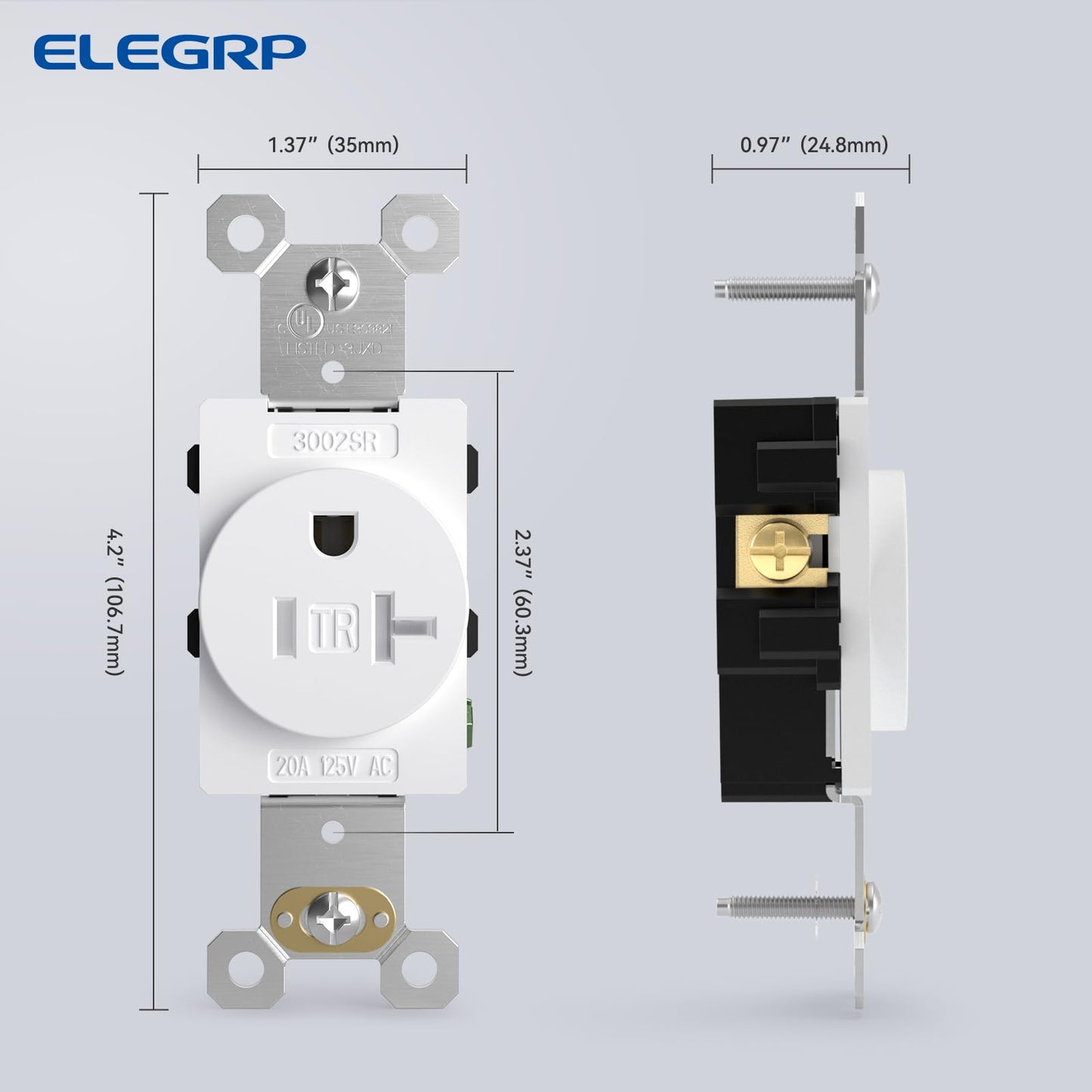 ELEGRP Tamper-Resistant Single Receptacle, 20Amp 125Volt Standard Electrical Singlex Wall Outlet, 2 Pole 3 Wire, NEMA 5-20R, Self-Grounding, Commercial Grade, UL Listed(White, 2 Pack)