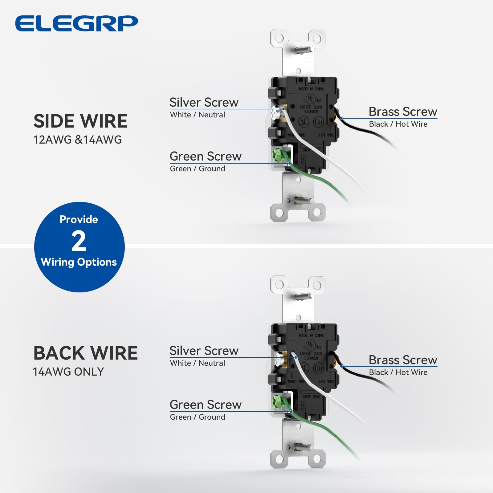 ELEGRP Tamper-Resistant Single Receptacle, 20A 125V, NEMA 5-20R, Commercial Grade, Self-Grounding Wall Outlet, UL Listed, White, 2 Pack