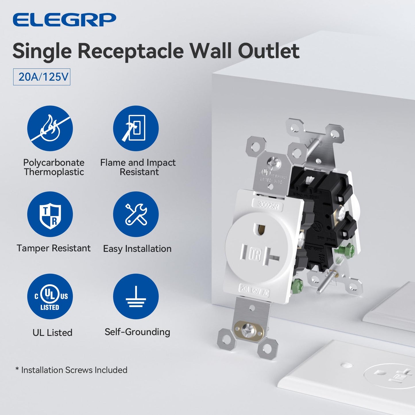 ELEGRP Tamper-Resistant Single Receptacle, 20Amp 125Volt Standard Electrical Singlex Wall Outlet, 2 Pole 3 Wire, NEMA 5-20R, Self-Grounding, Commercial Grade, UL Listed(White, 2 Pack)