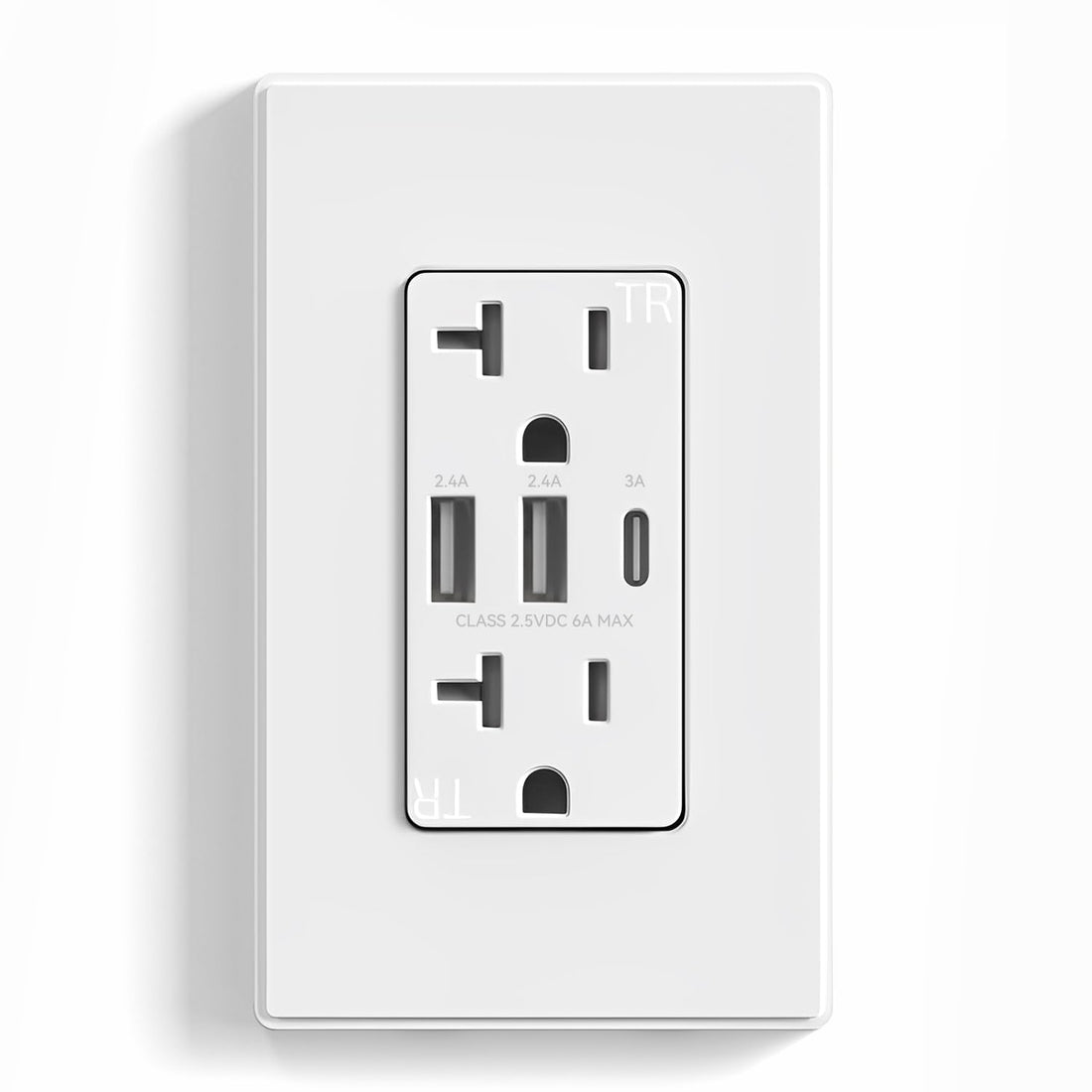 USB A/A/C, 30W 6.0A Total Output Outlet with 15A/20A, Tamper-Resistant Wall Outlet